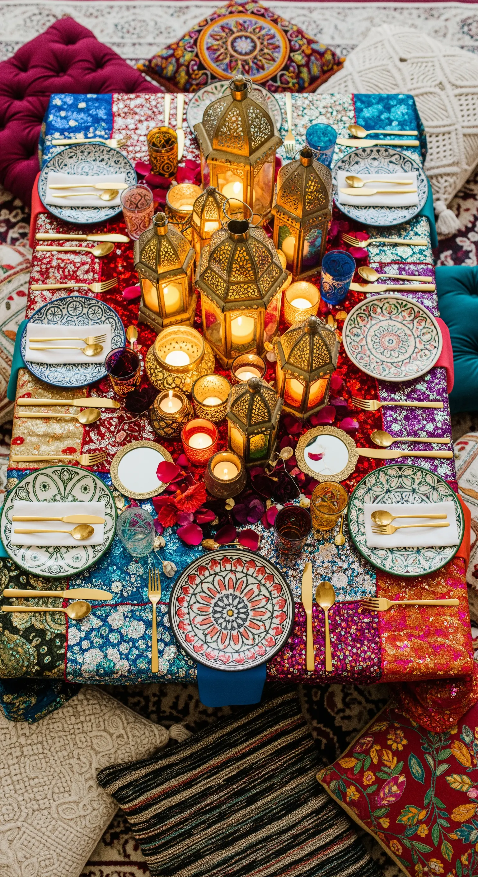 Tavola bassa in stile marocchino con lanterne, cuscini a terra e piatti colorati.
