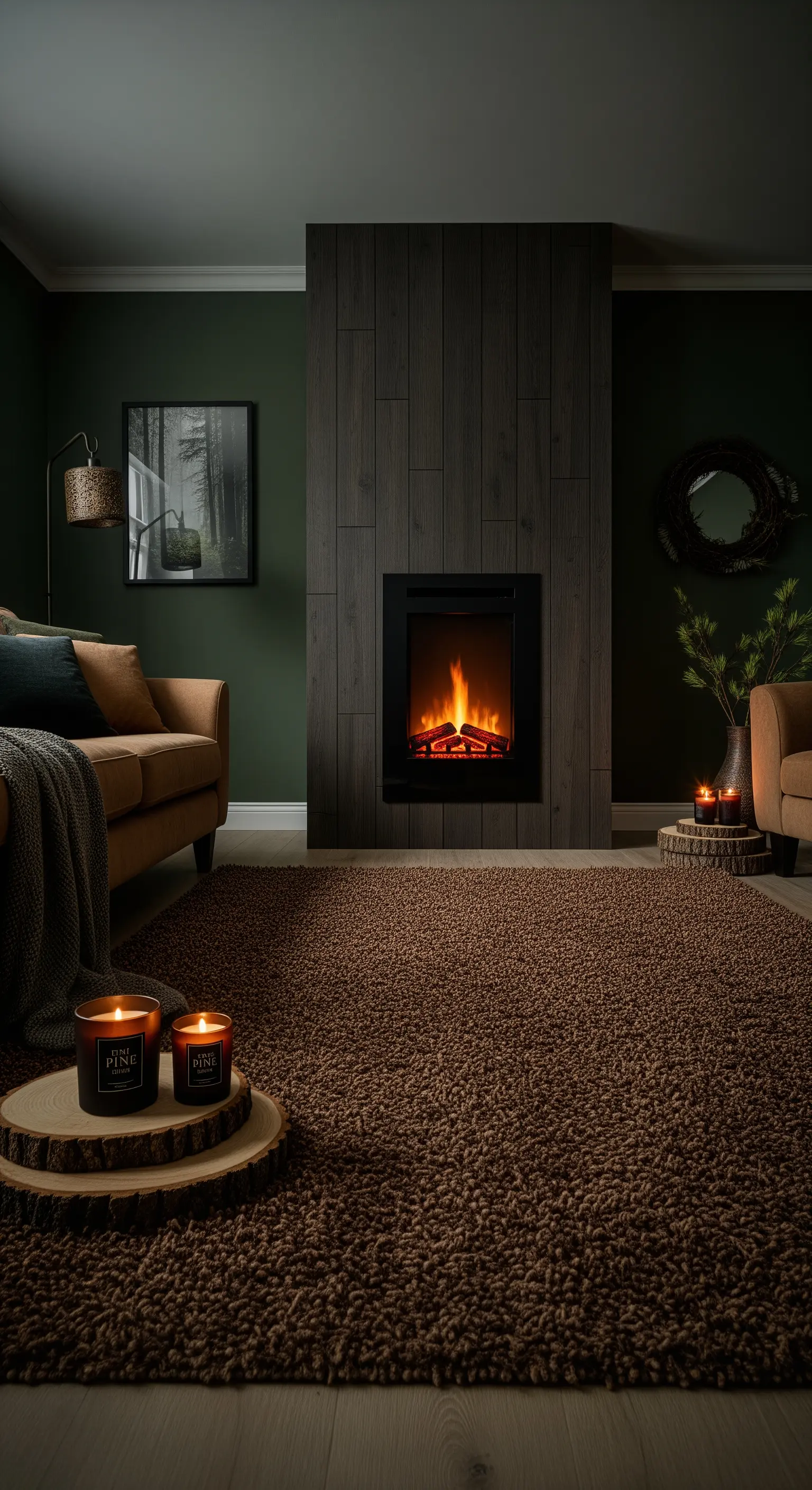 Soggiorno scuro con pareti verdi, camino in legno e tappeto marrone.