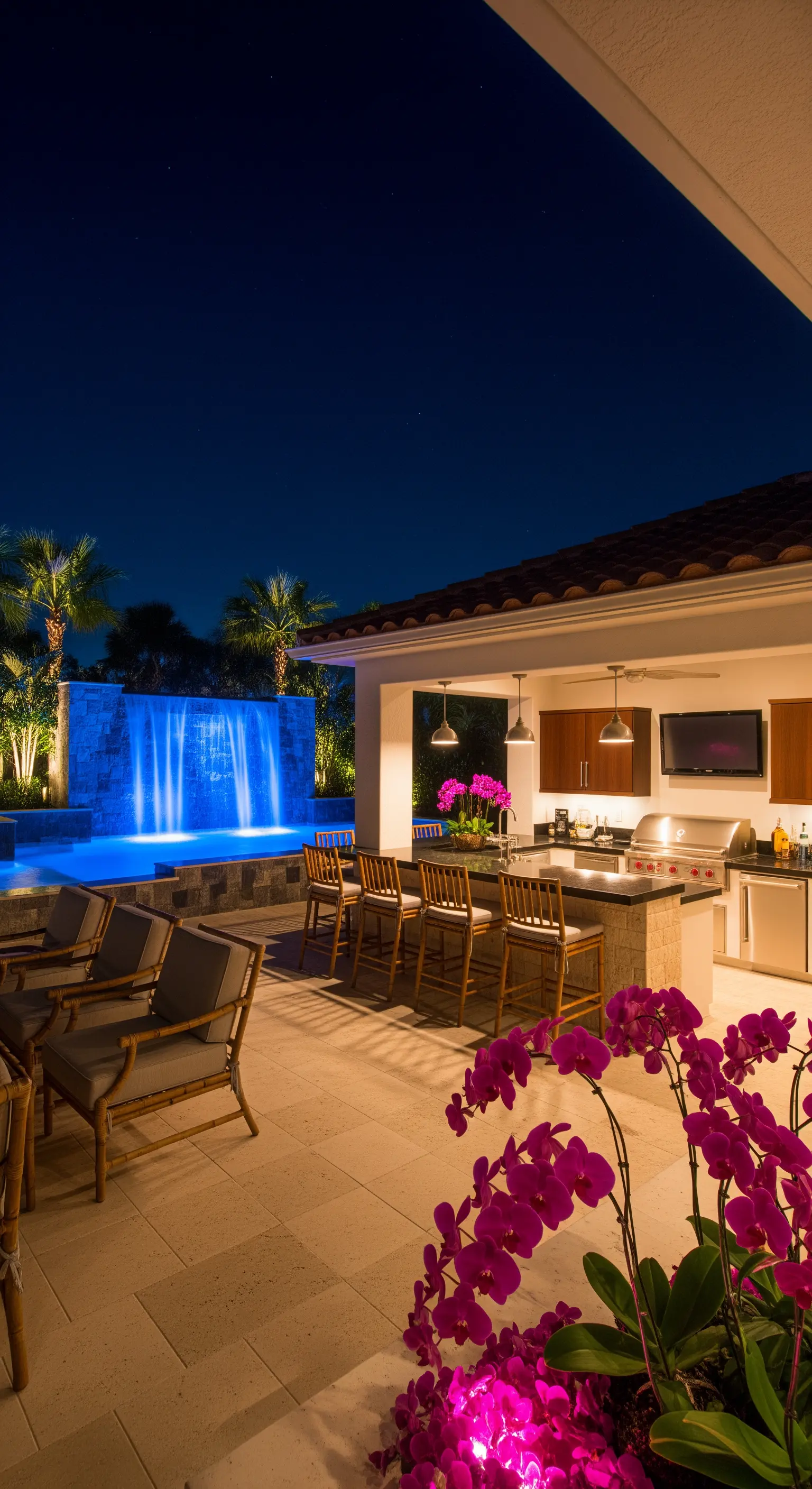 Cucina esterna con bar a bordo piscina, illuminata da una cascata con luci blu.