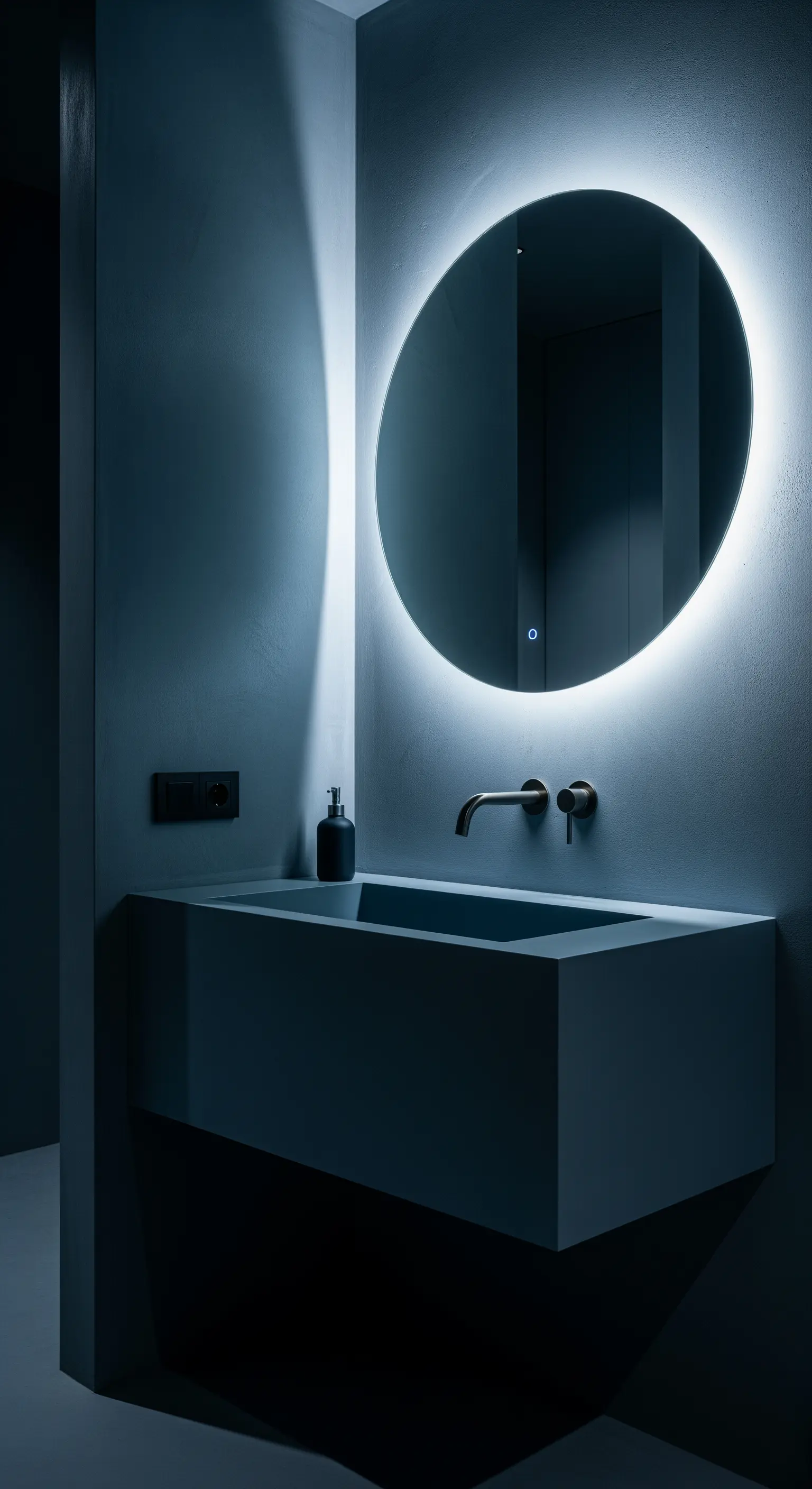Specchio rotondo retroilluminato in un bagno scuro con lavabo integrato blu-grigio.