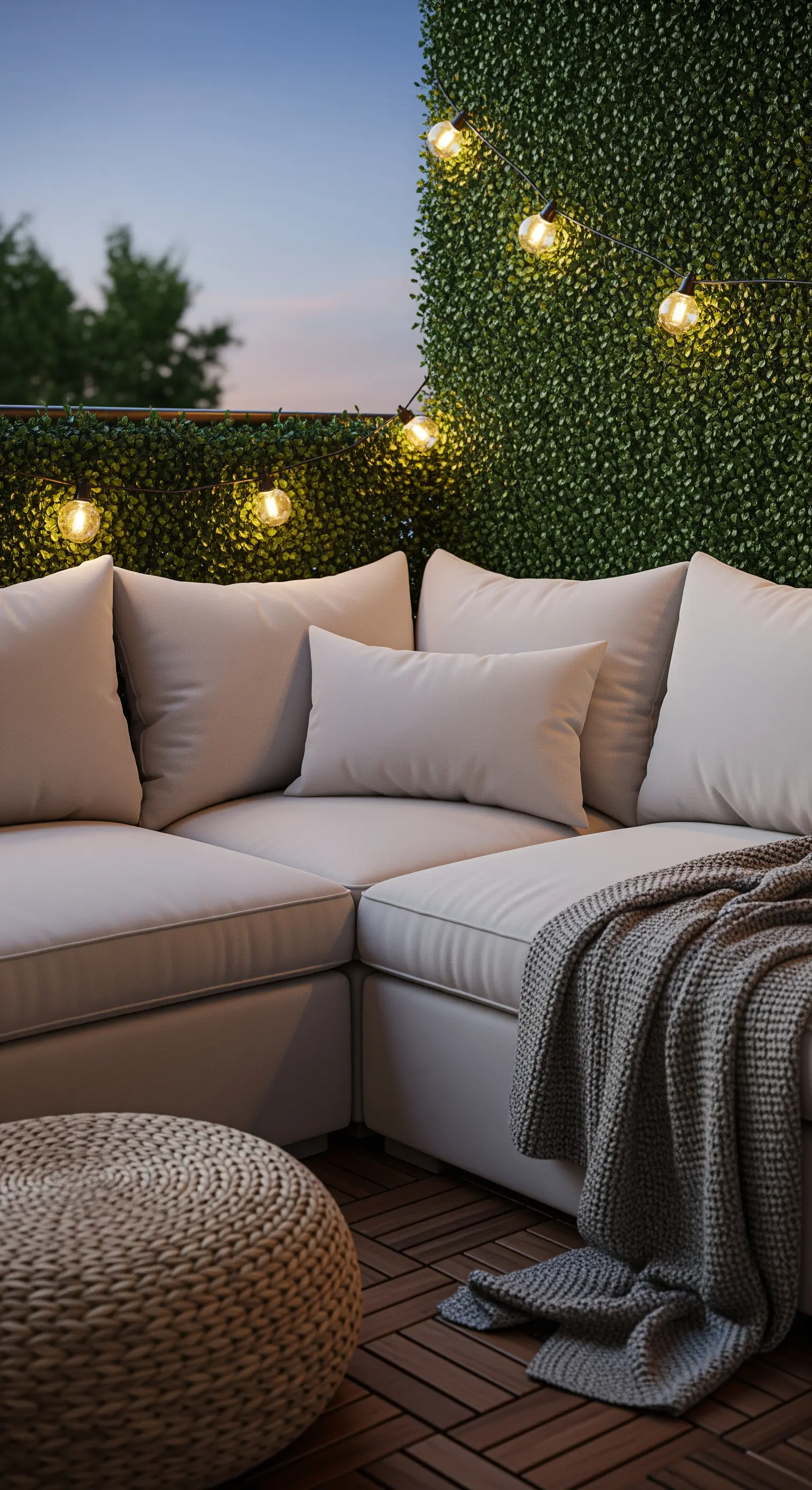 Divano modulare bianco con cuscini e plaid, illuminato da una catena di luci calde la sera.