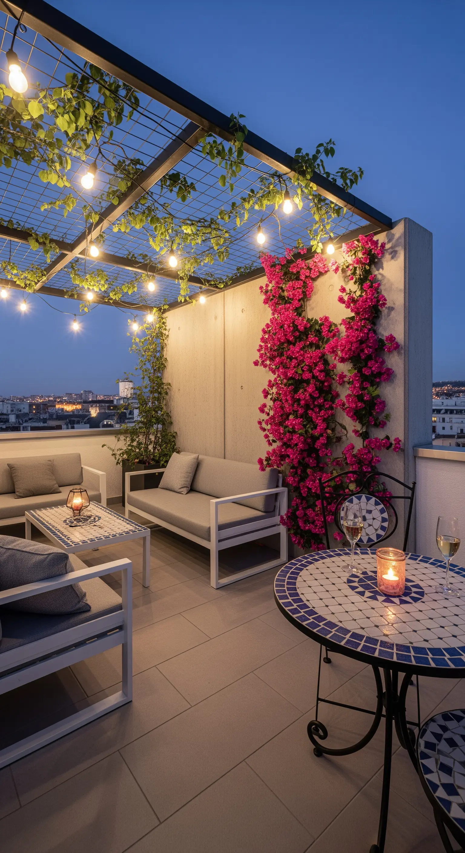 Terrazza moderna di sera con luci a catena, bouganville e arredi minimalisti.