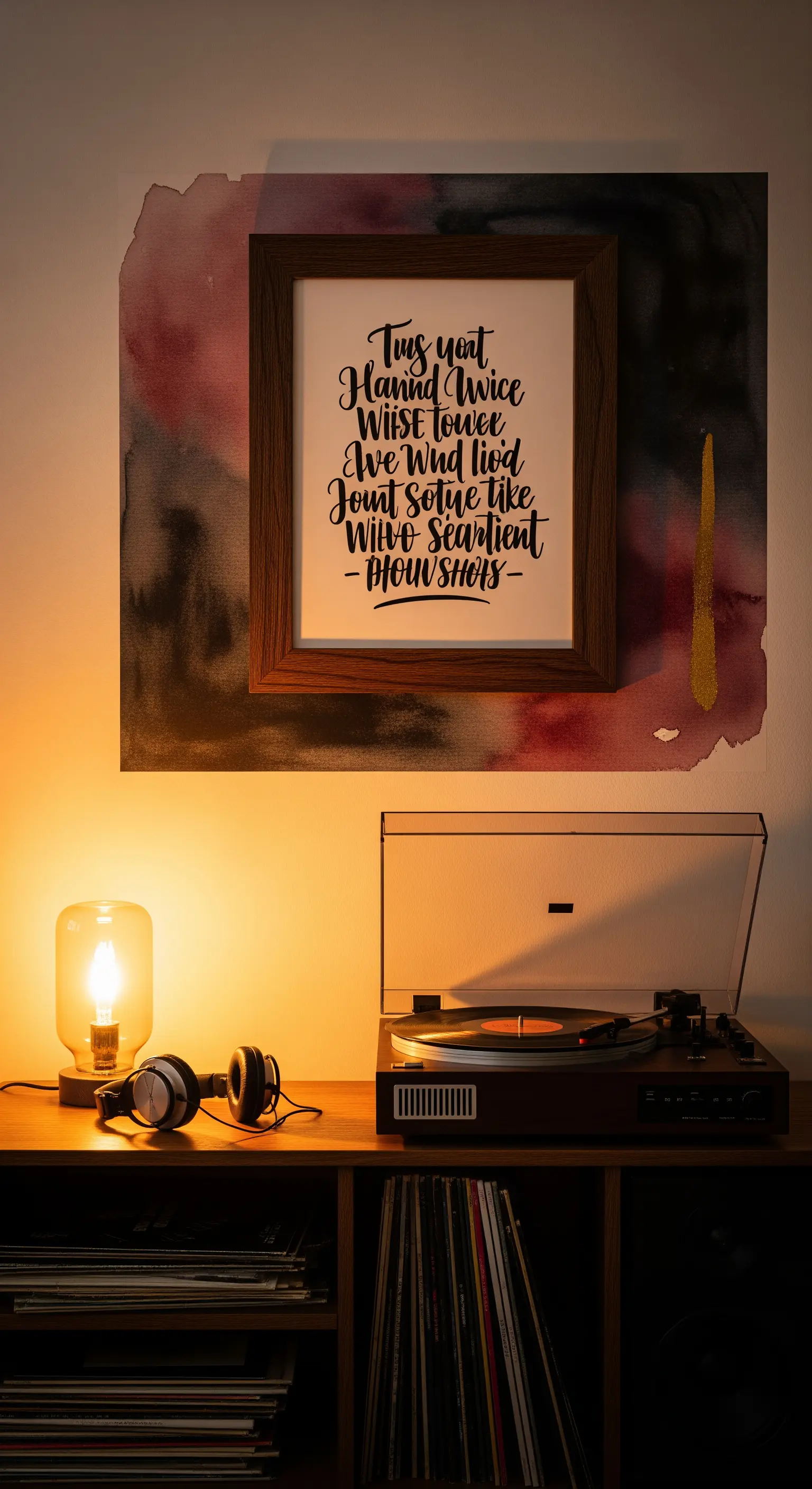 Quadro con citazione appeso sopra un giradischi; parte della parete è dipinta in stile acquerello.