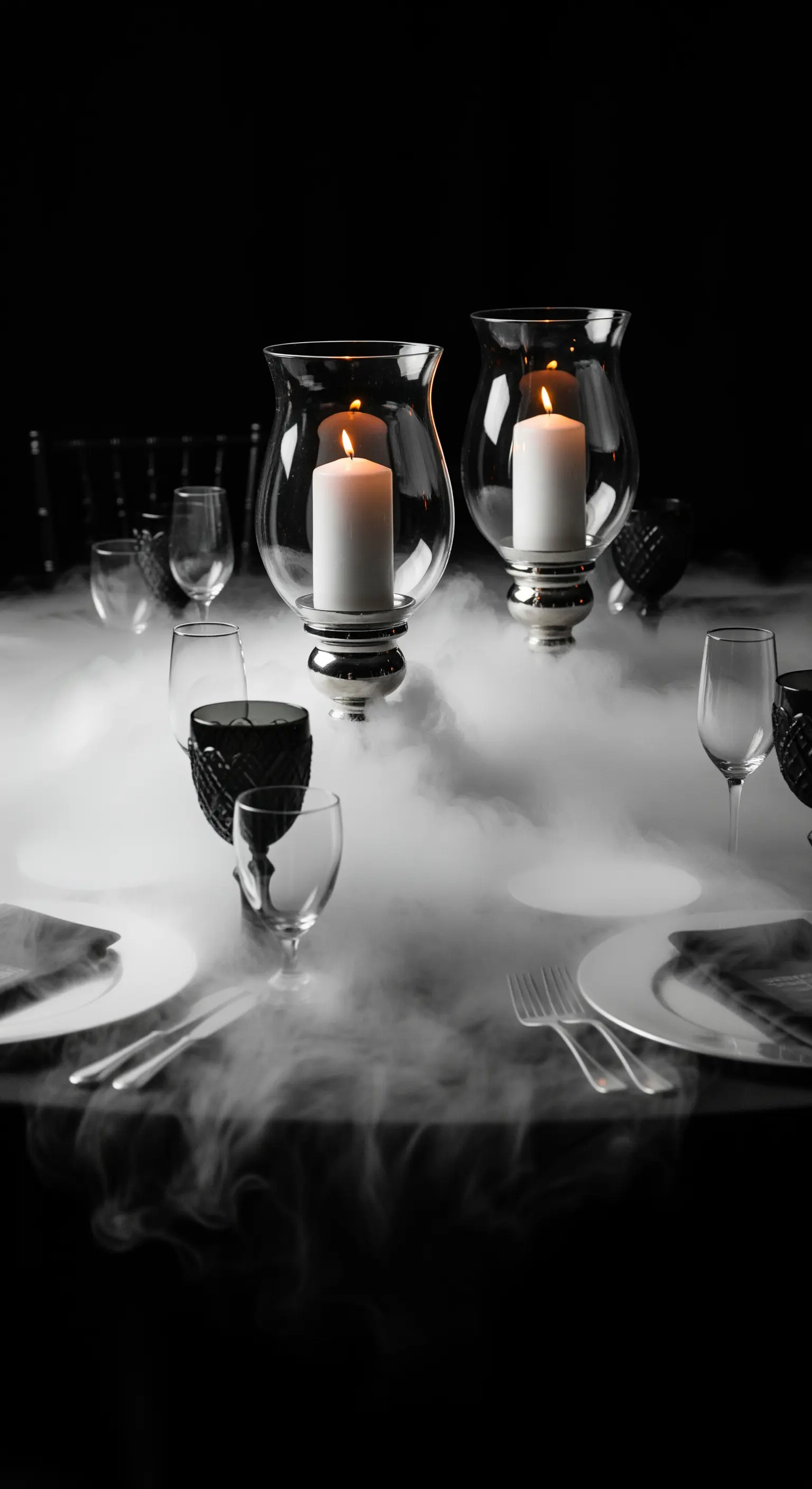 Tavola da festa avvolta in una suggestiva nebbia creata dal ghiaccio secco.