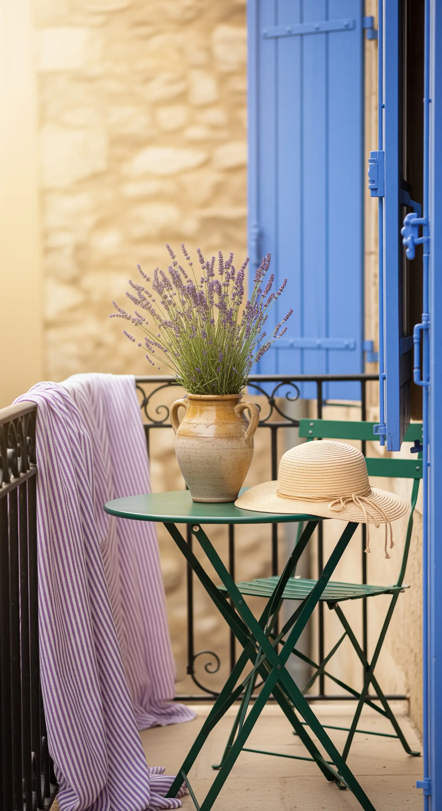 Balcone in stile provenzale con lavanda, telo a righe lilla e tavolino verde.