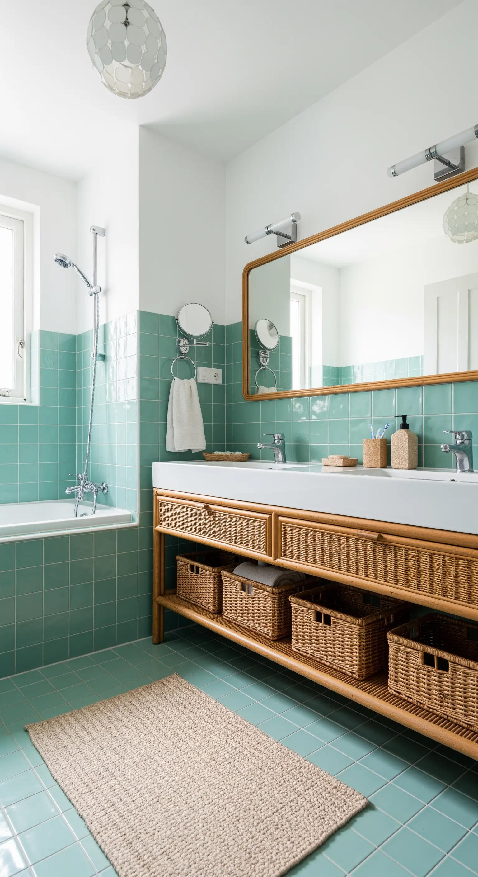 Bagno con piastrelle acquamarina e lungo mobile in rattan con ceste portaoggetti.