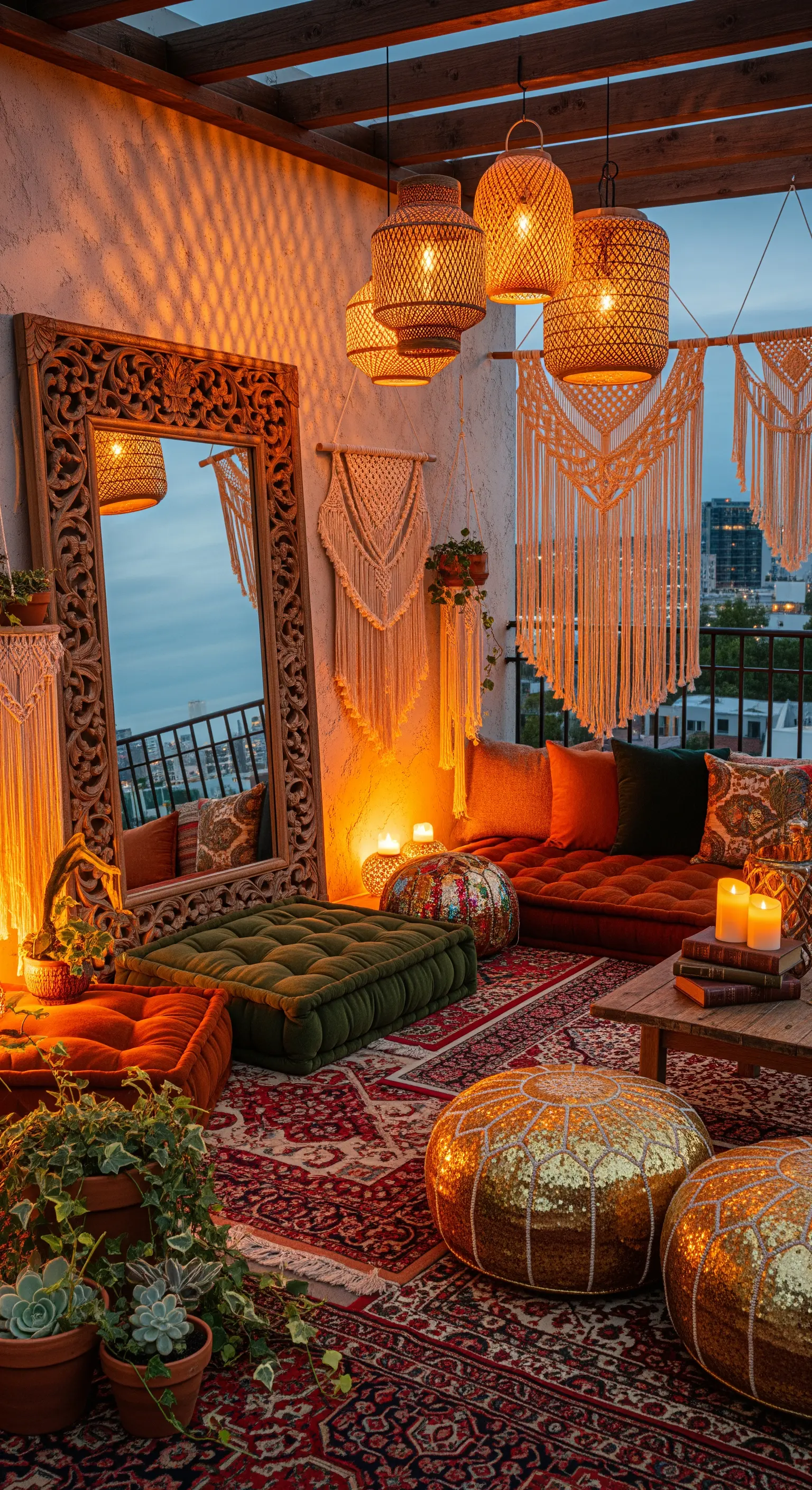 Balcone in stile bohémien con tappeti sovrapposti, cuscini a terra e un grande specchio intagliato.