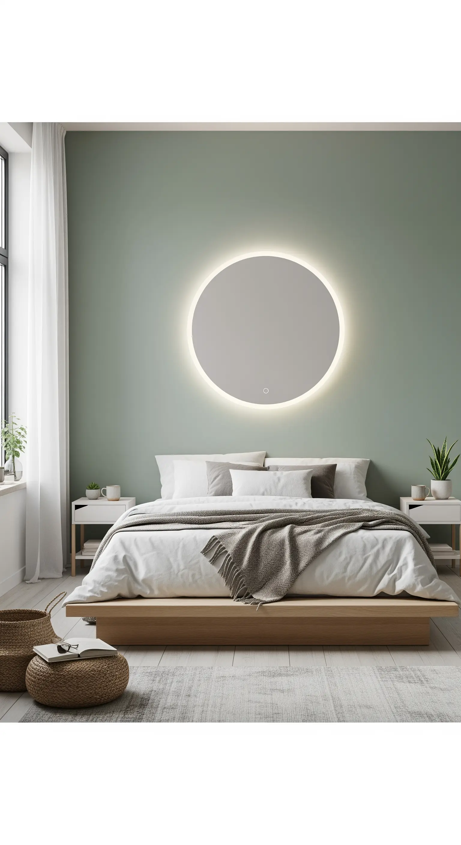 Specchio rotondo retroilluminato sopra un letto basso in una camera da letto minimalista verde salvia.