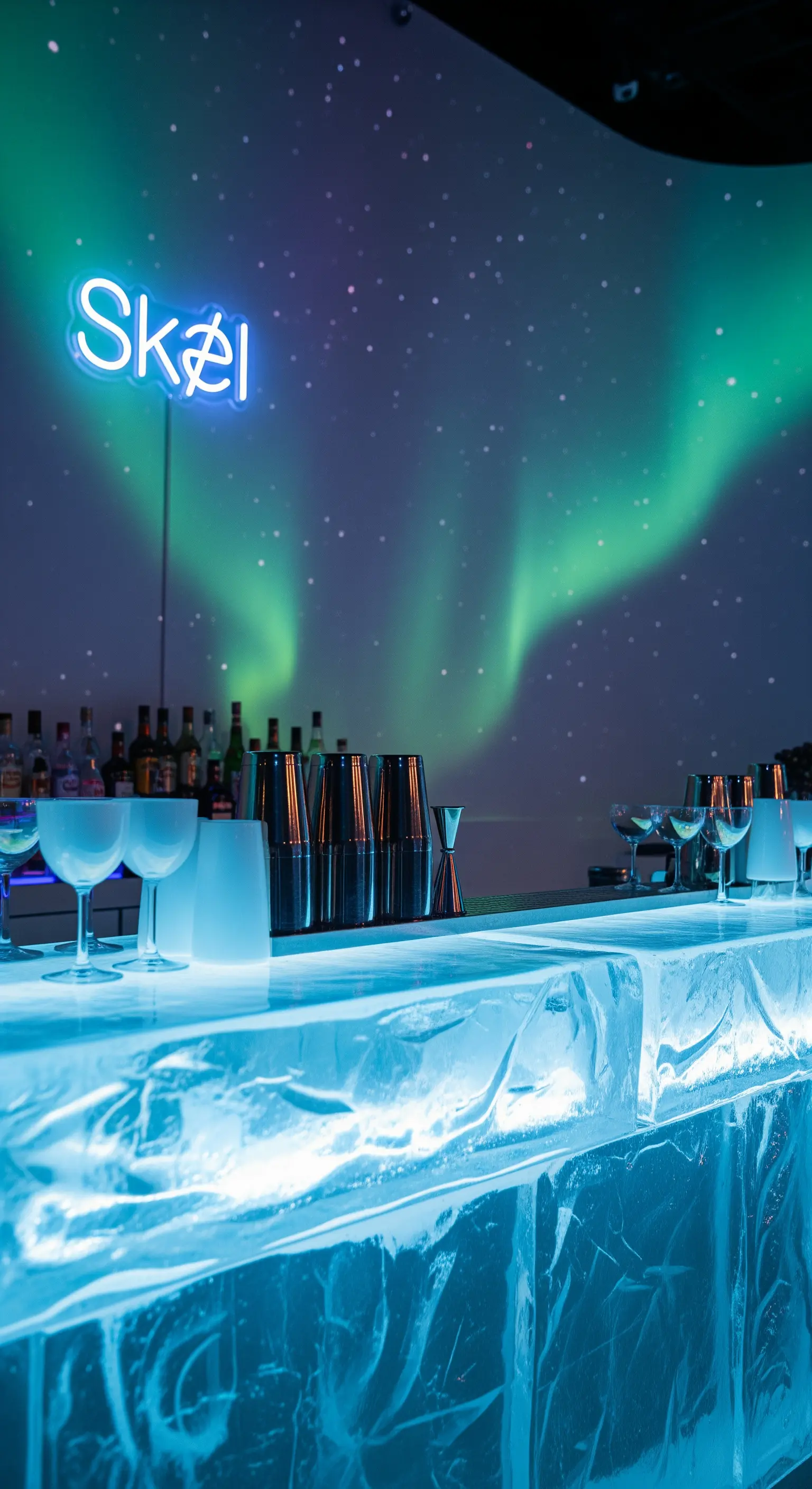 Ice bar con bancone di ghiaccio, insegna al neon e una proiezione di aurora boreale.