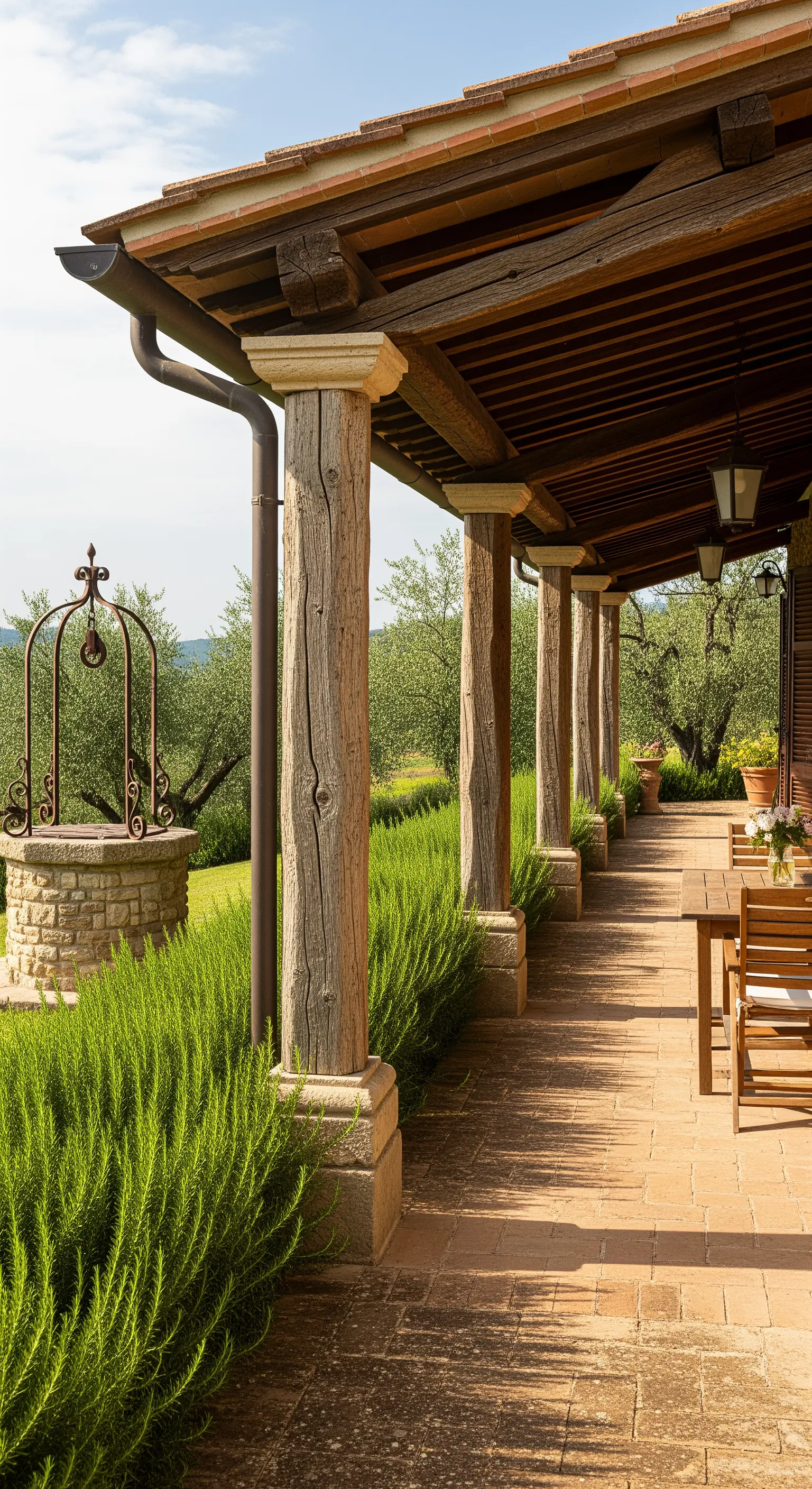 Portico rustico con colonne in legno grezzo, siepe di rosmarino e un pozzo in pietra.