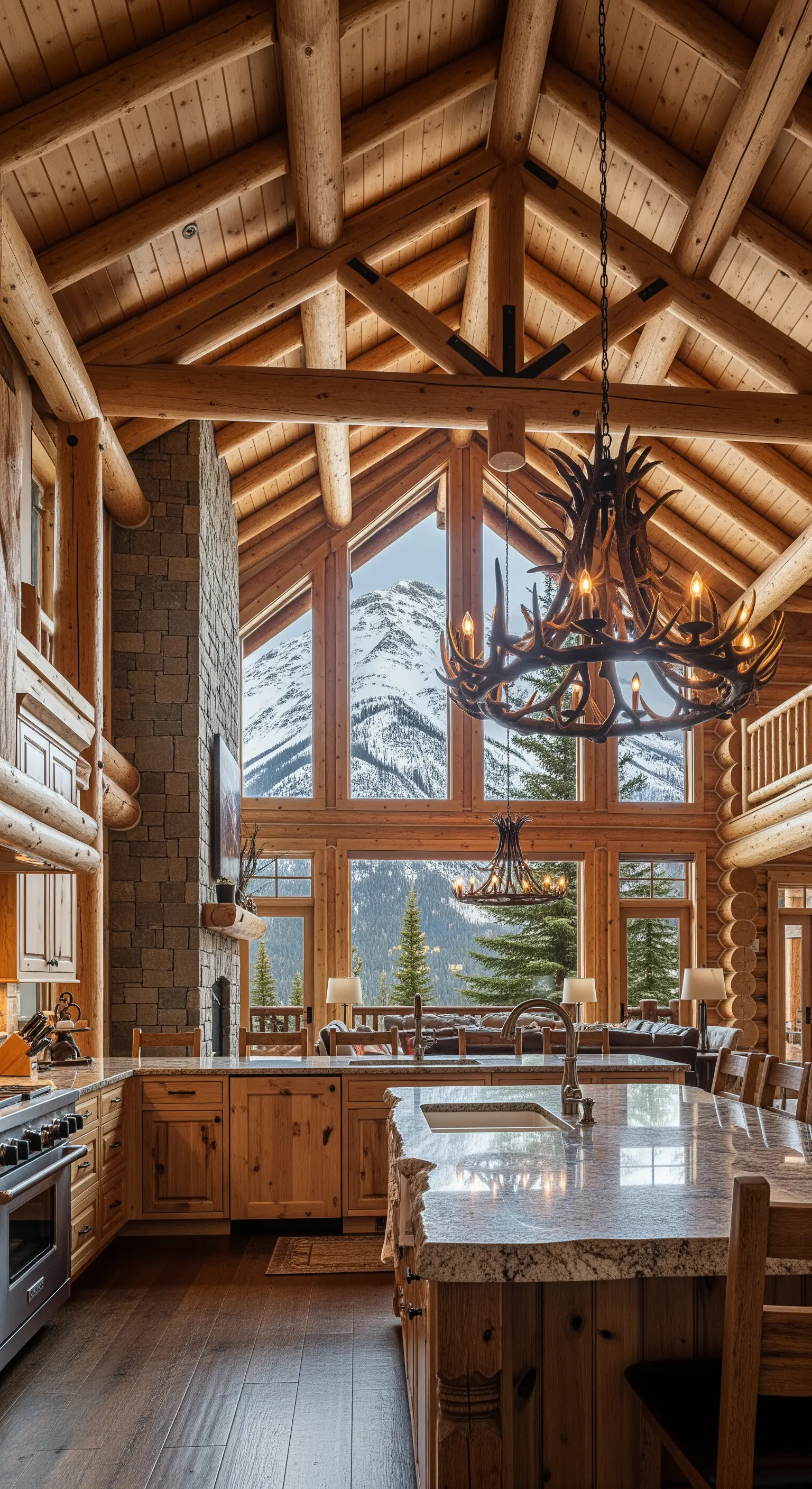 Cucina in un chalet di tronchi con camino in pietra e lampadario fatto di corna