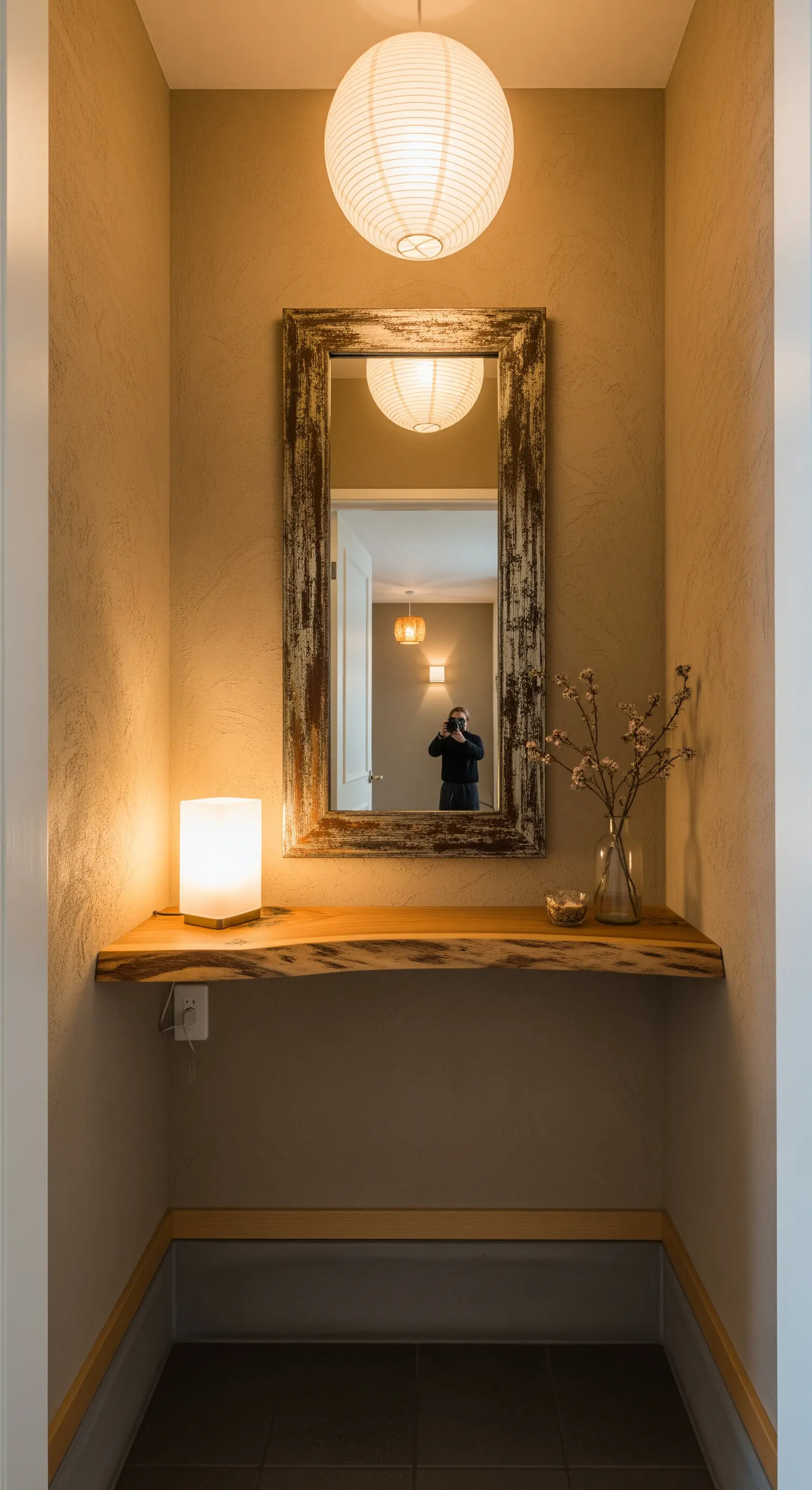 Nicchia d'ingresso con mensola in legno grezzo, specchio anticato e lampada in carta di riso.