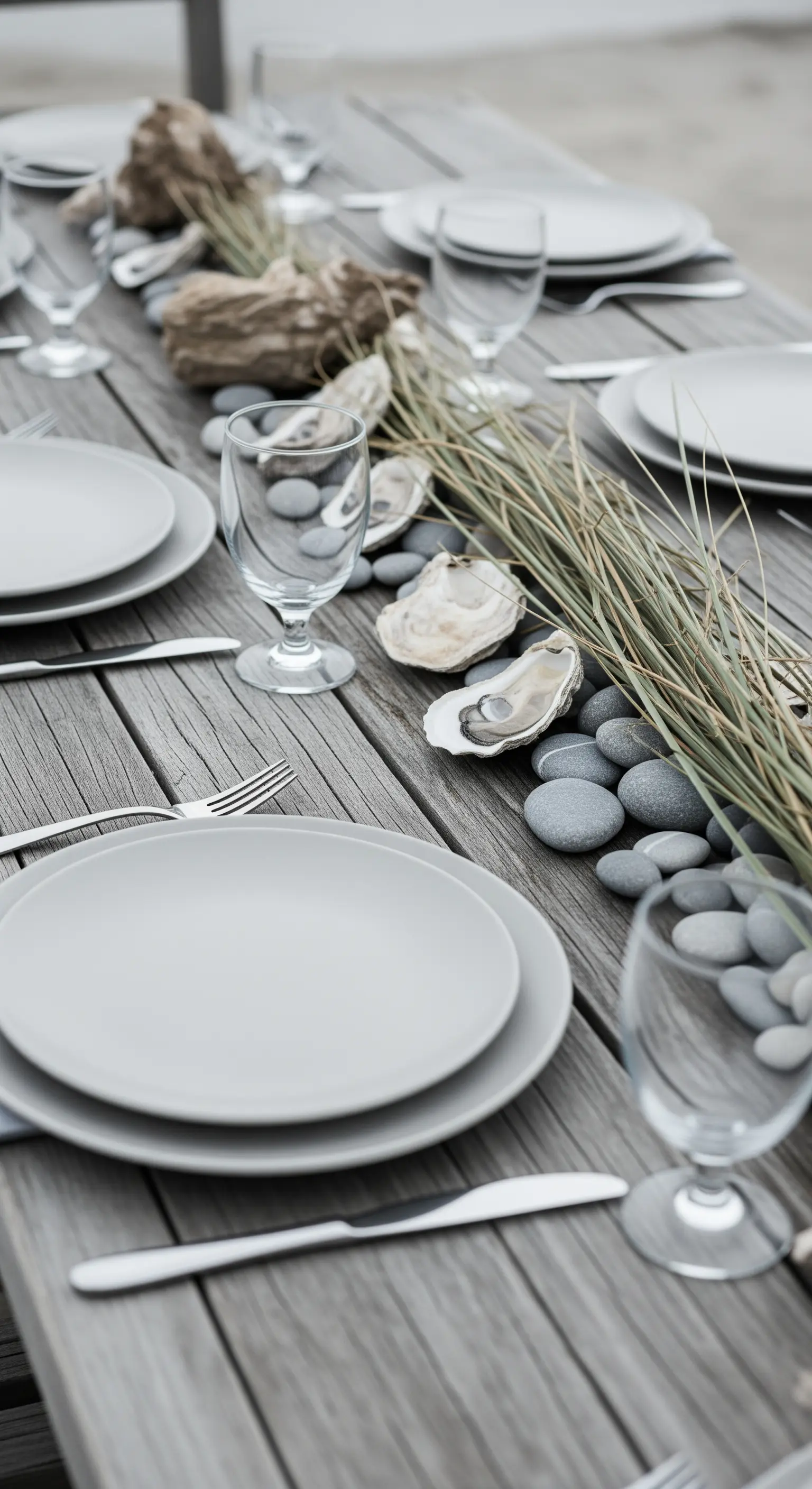 Tavola autunnale a tema costiero con ostriche, sassi e erbe di duna.