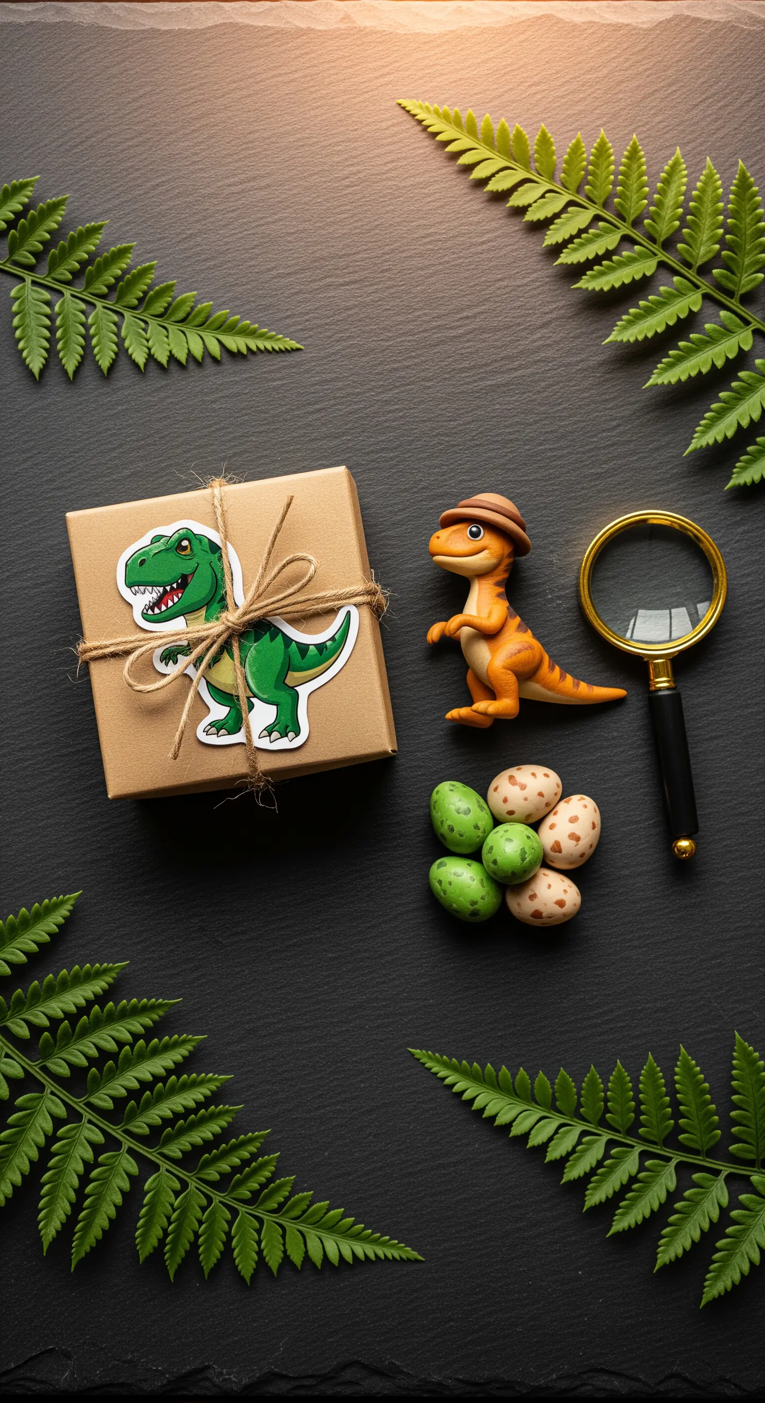 Regalino di compleanno a tema dinosauro con scatola kraft, pupazzetto e ovetti di cioccolato.