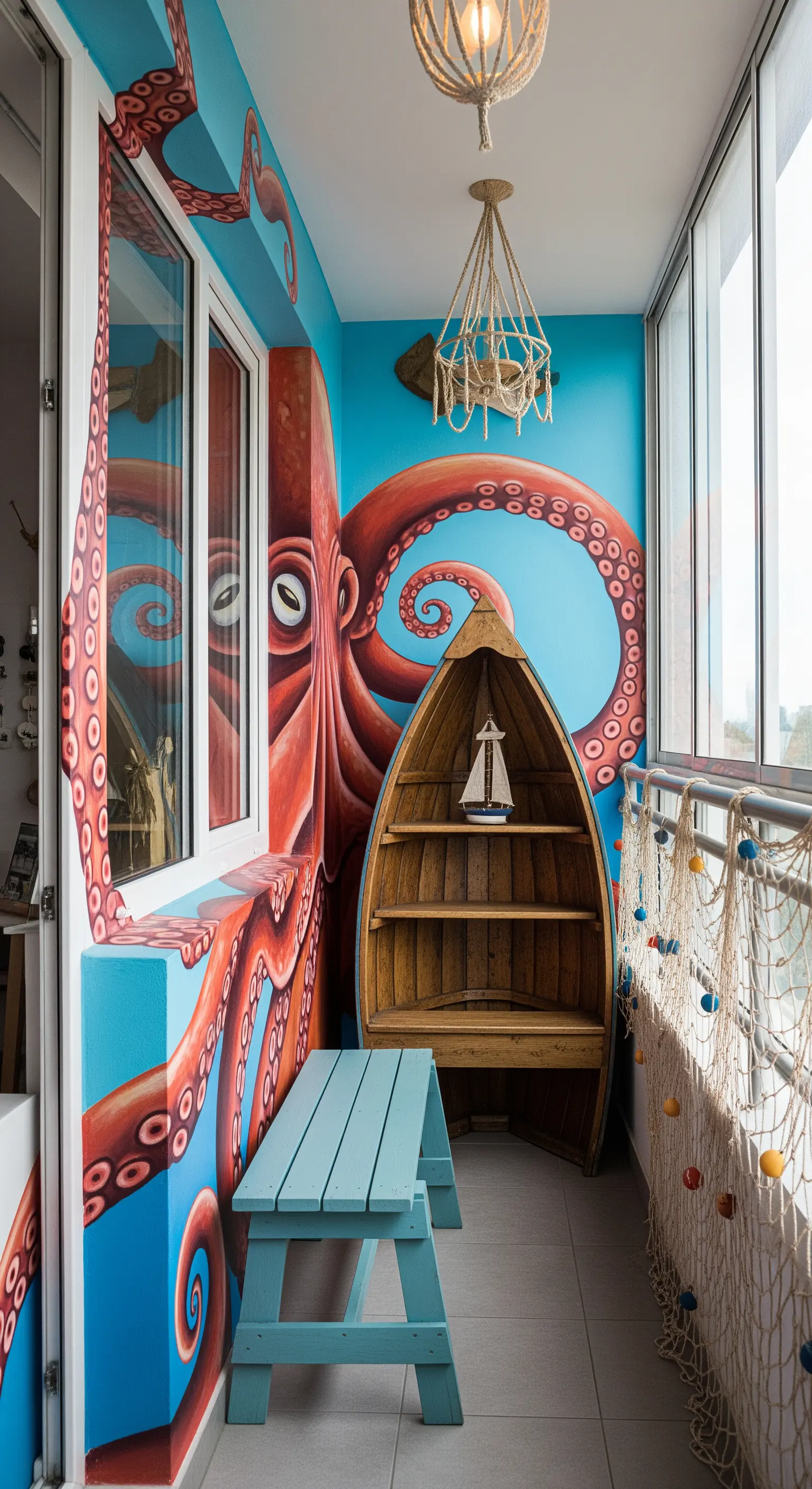 Balcone a tema marino con grande murale di un polpo e una barca usata come libreria.