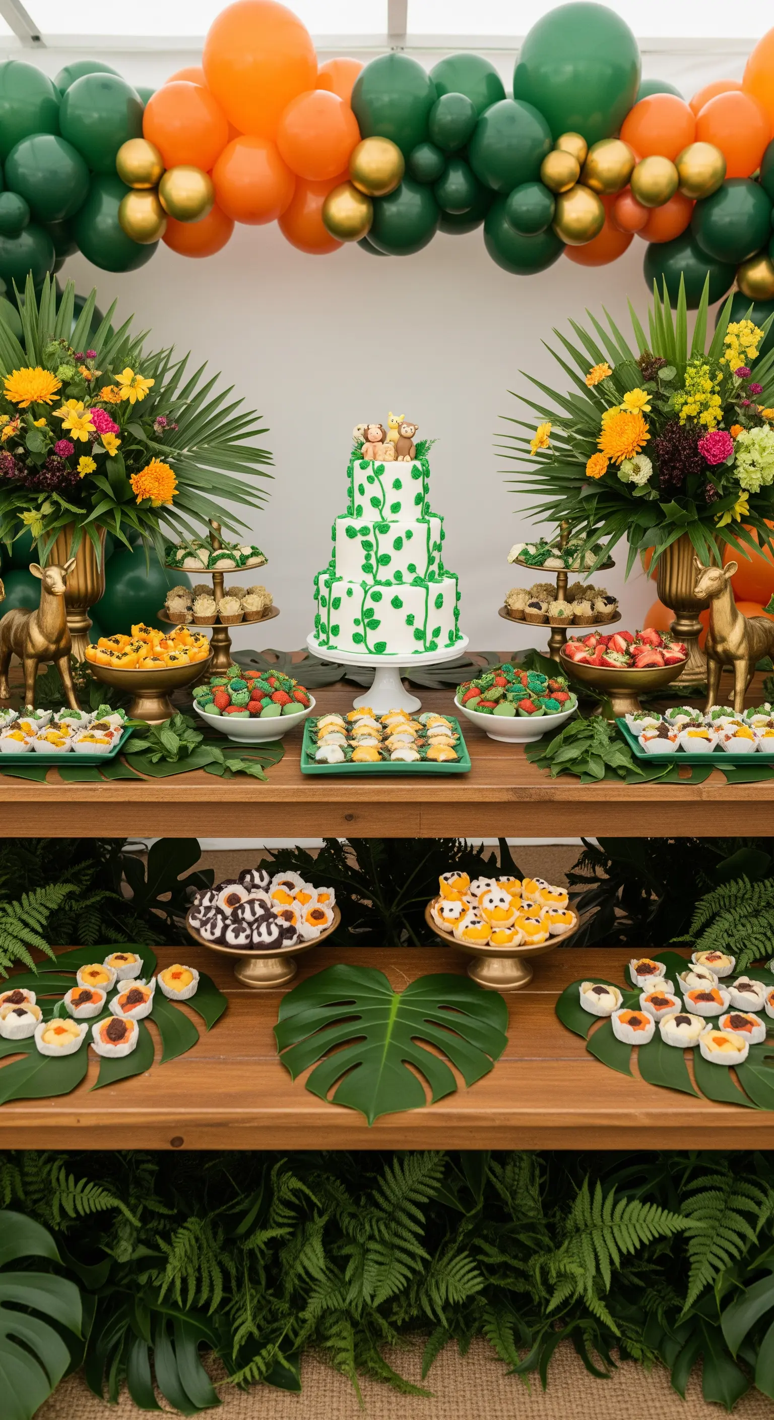 Buffet a tema giungla con palloncini verdi e arancioni, torta e foglie tropicali.