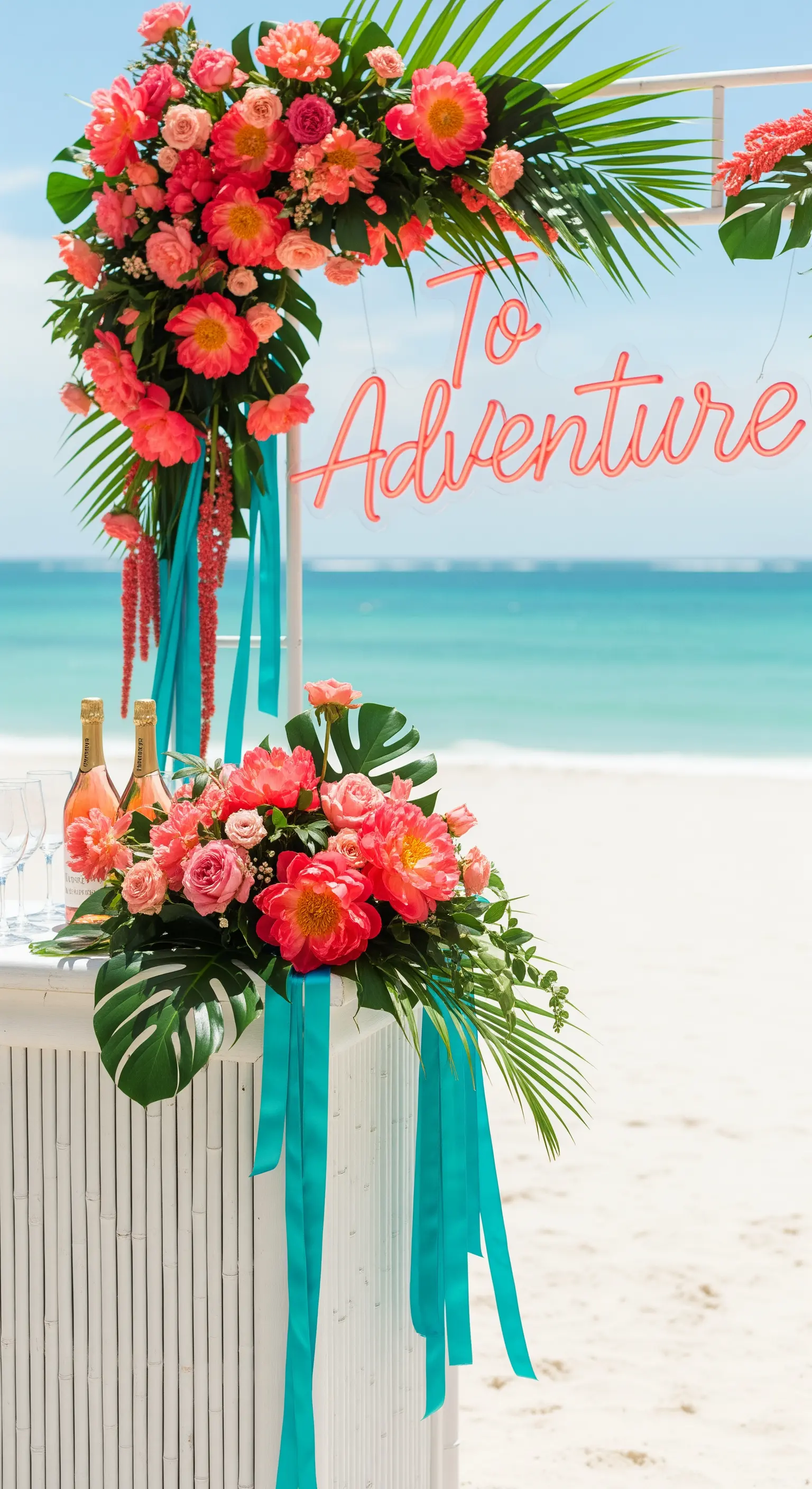 Bar sulla spiaggia con fiori corallo, foglie tropicali e insegna 