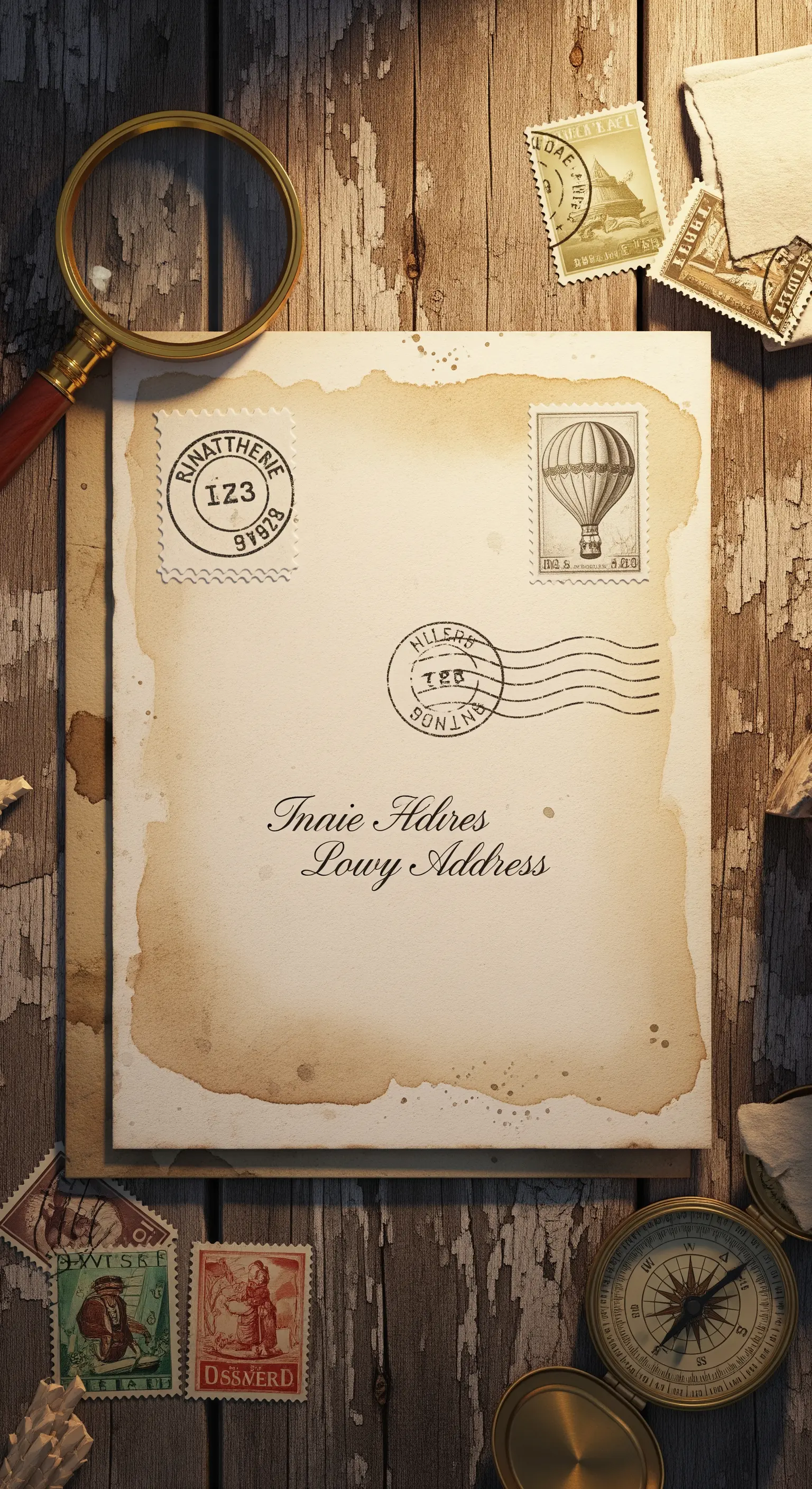 Invito in stile pergamena invecchiata con macchie di caffè e timbri postali vintage.