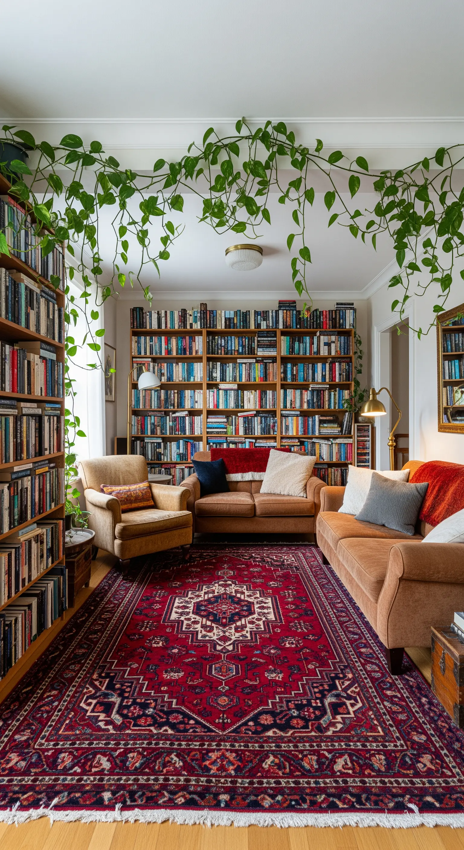 Salotto con librerie a tutta parete e una pianta rampicante che corre lungo il soffitto.