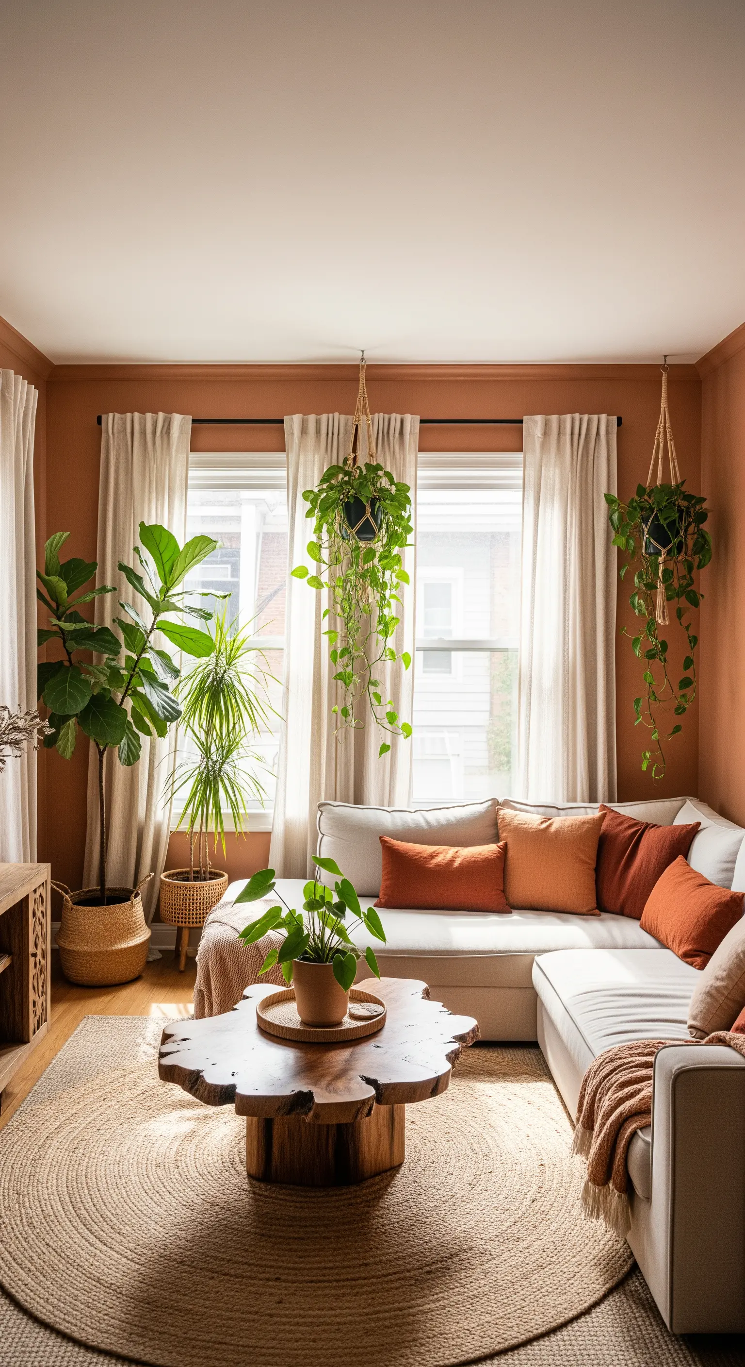 Soggiorno con pareti terracotta, divano bianco a L, tappeto di iuta e piante appese