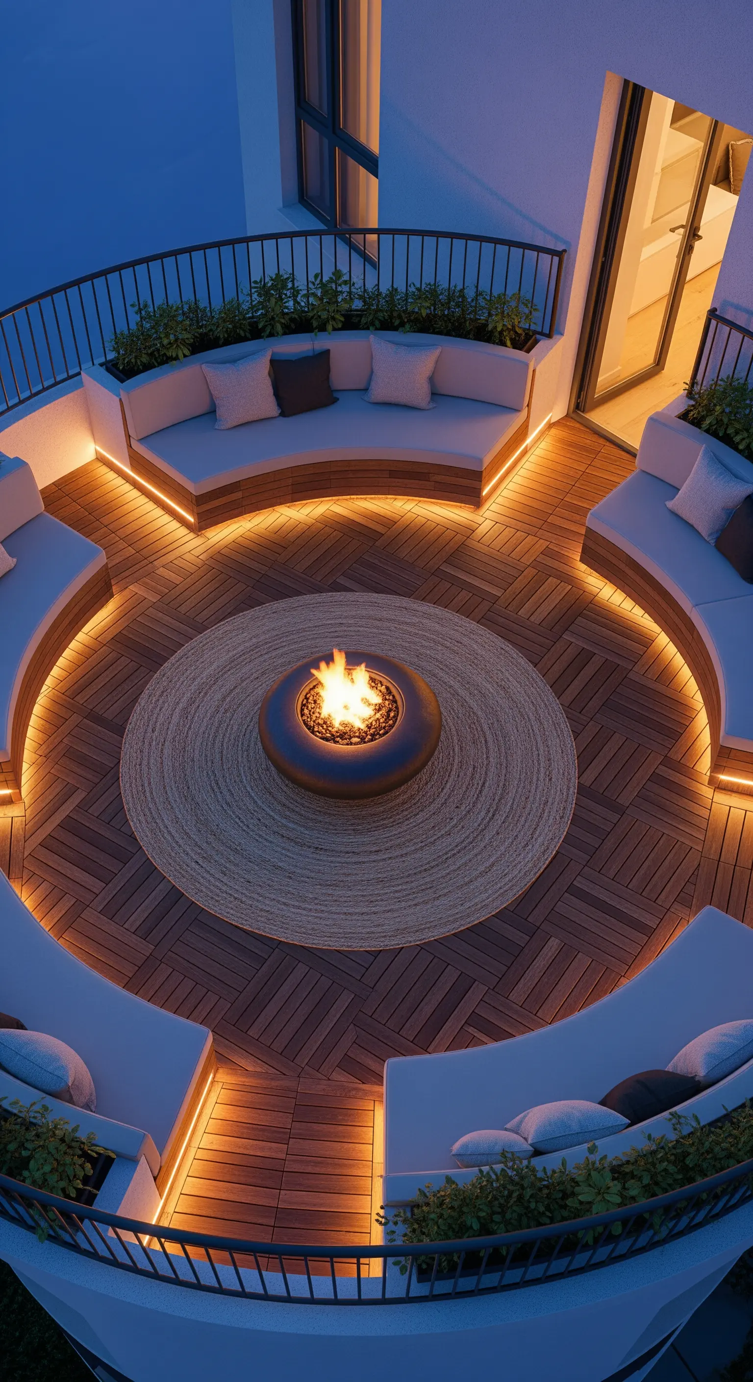 Balcone circolare con panche curve illuminate dal basso e un braciere al centro