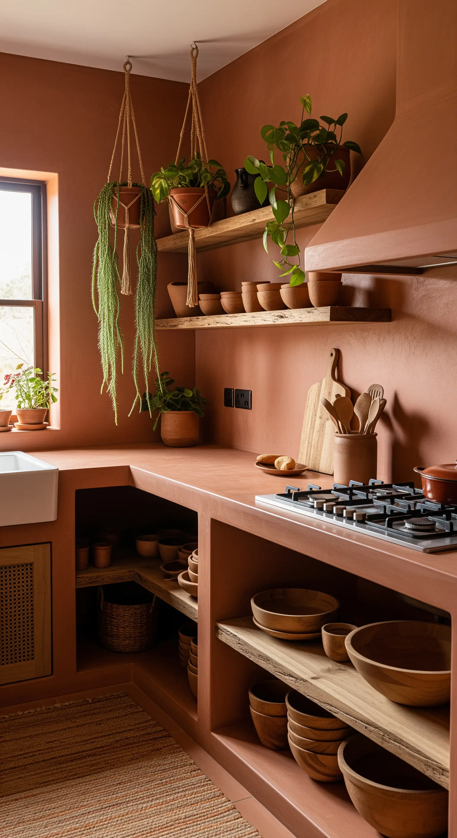 Cucina interamente rivestita in materiale color terracotta, con mensole e stoviglie in legno.