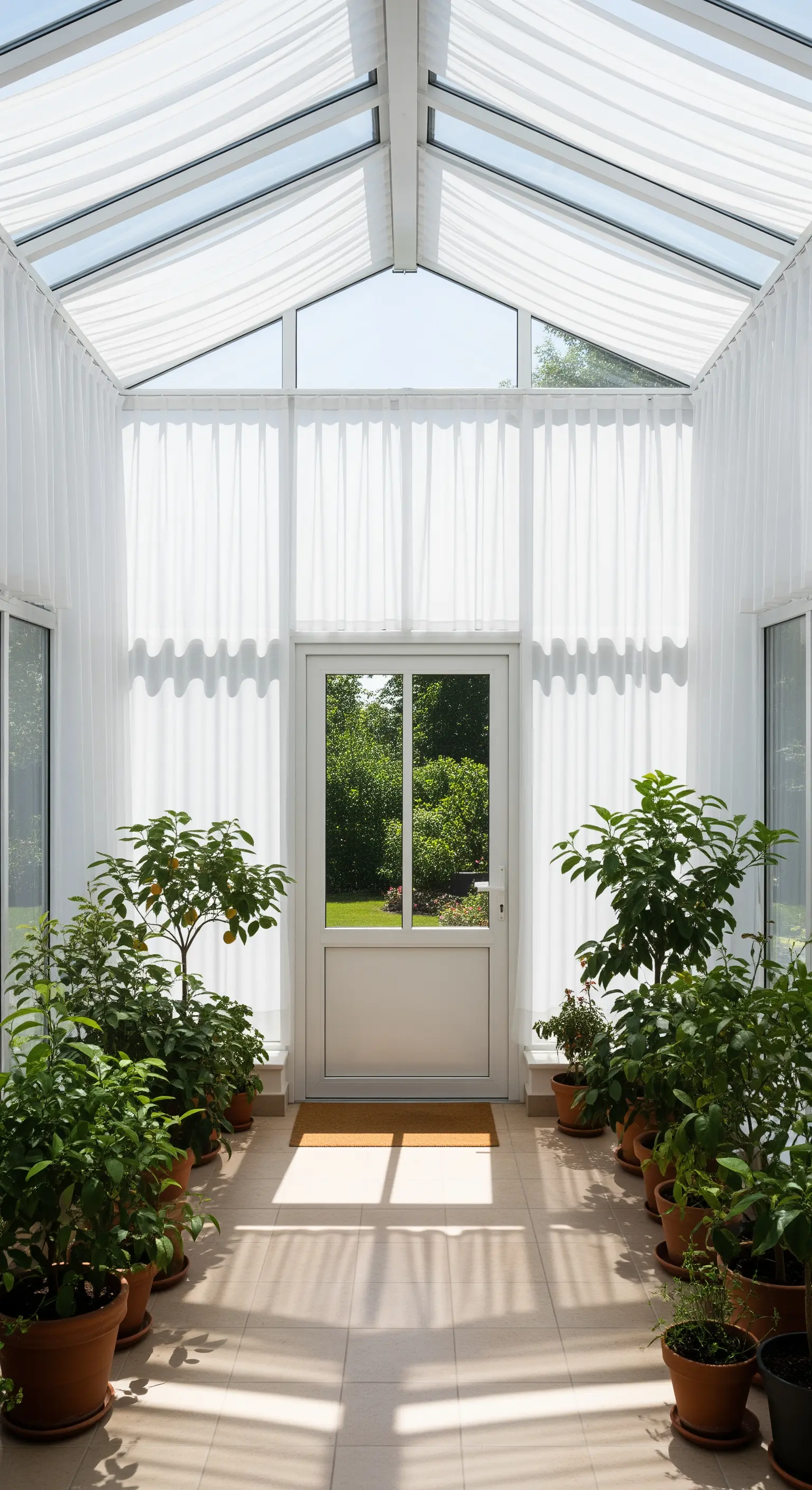 Veranda luminosa con soffitto in vetro, pareti rivestite di tende bianche e piante di agrumi.