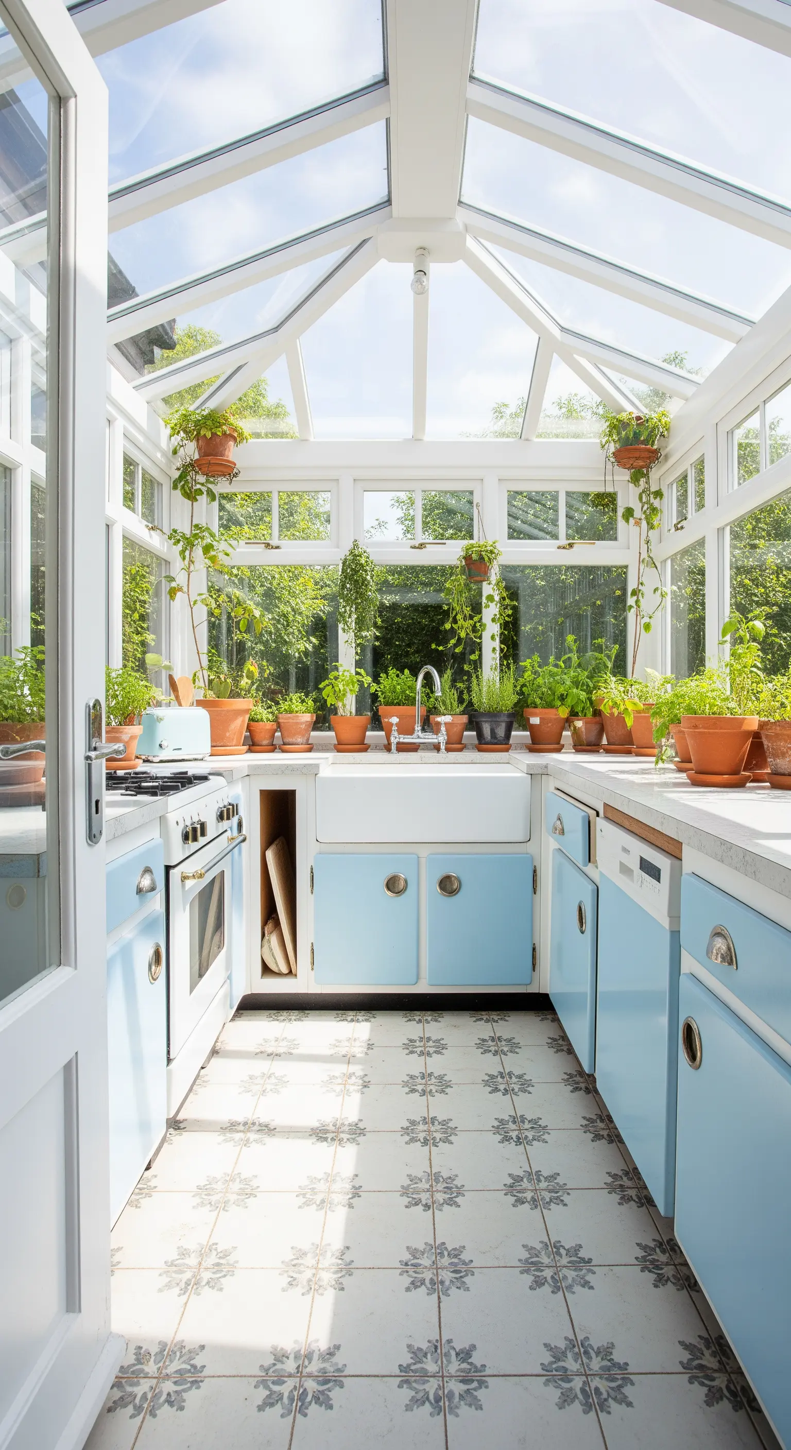 Cucina con mobili azzurri in una veranda in vetro piena di piante.