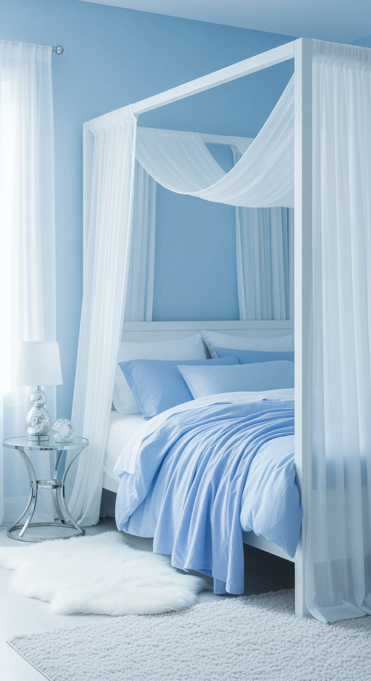 Camera da letto azzurra con letto a baldacchino bianco e tende vaporose.