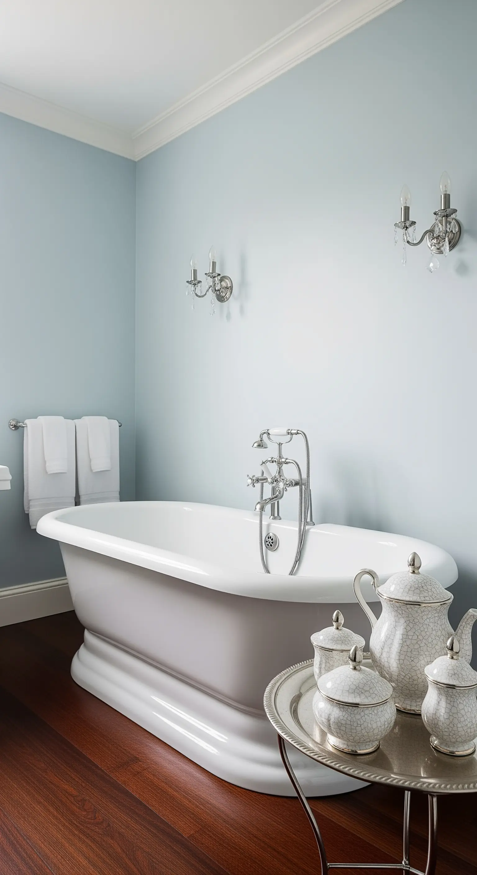 Elegante bagno azzurro polvere con vasca freestanding grigia e applique in cristallo.