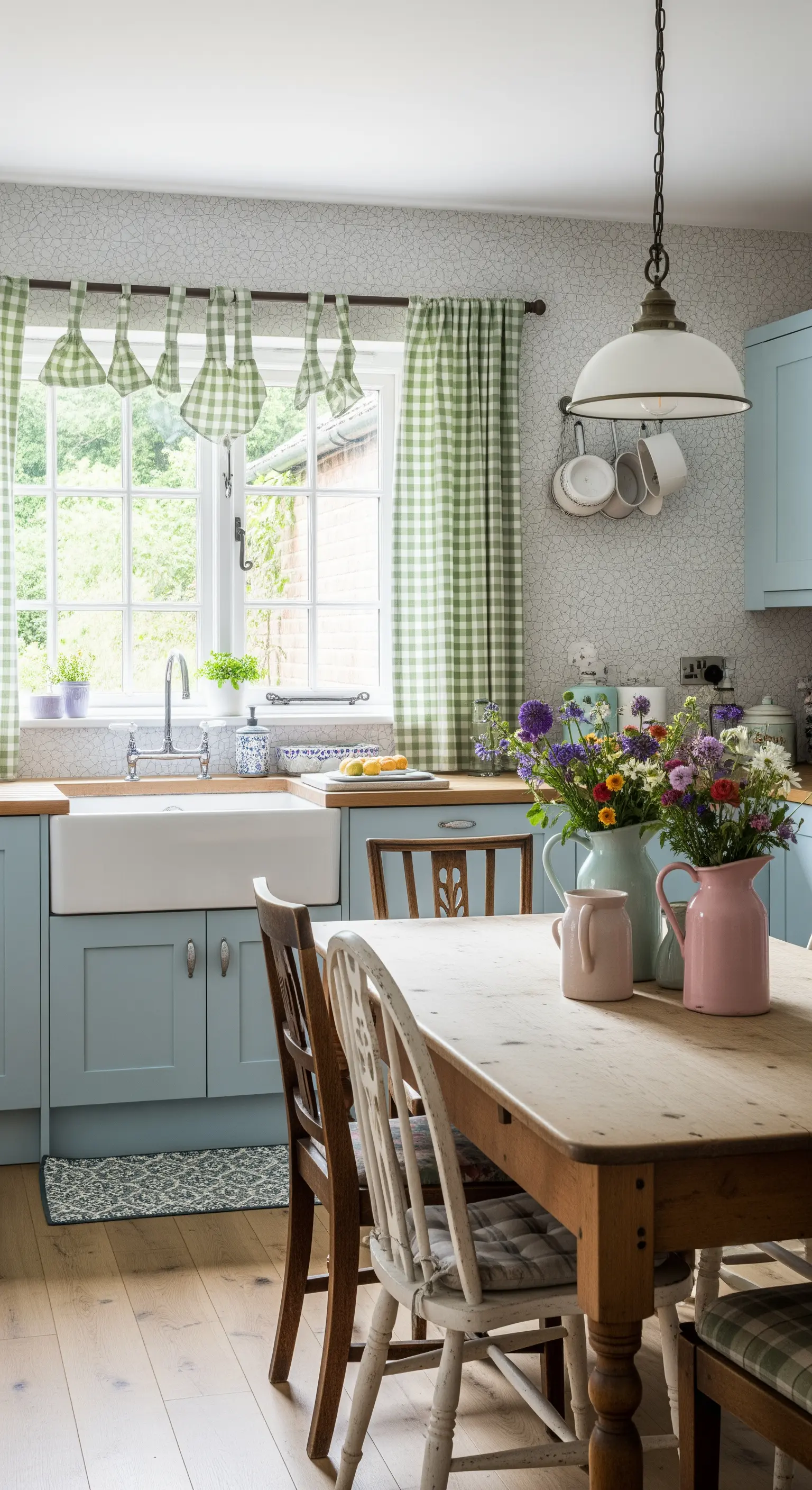 Cucina country azzurro polvere con tende a quadretti e tavolo in legno.