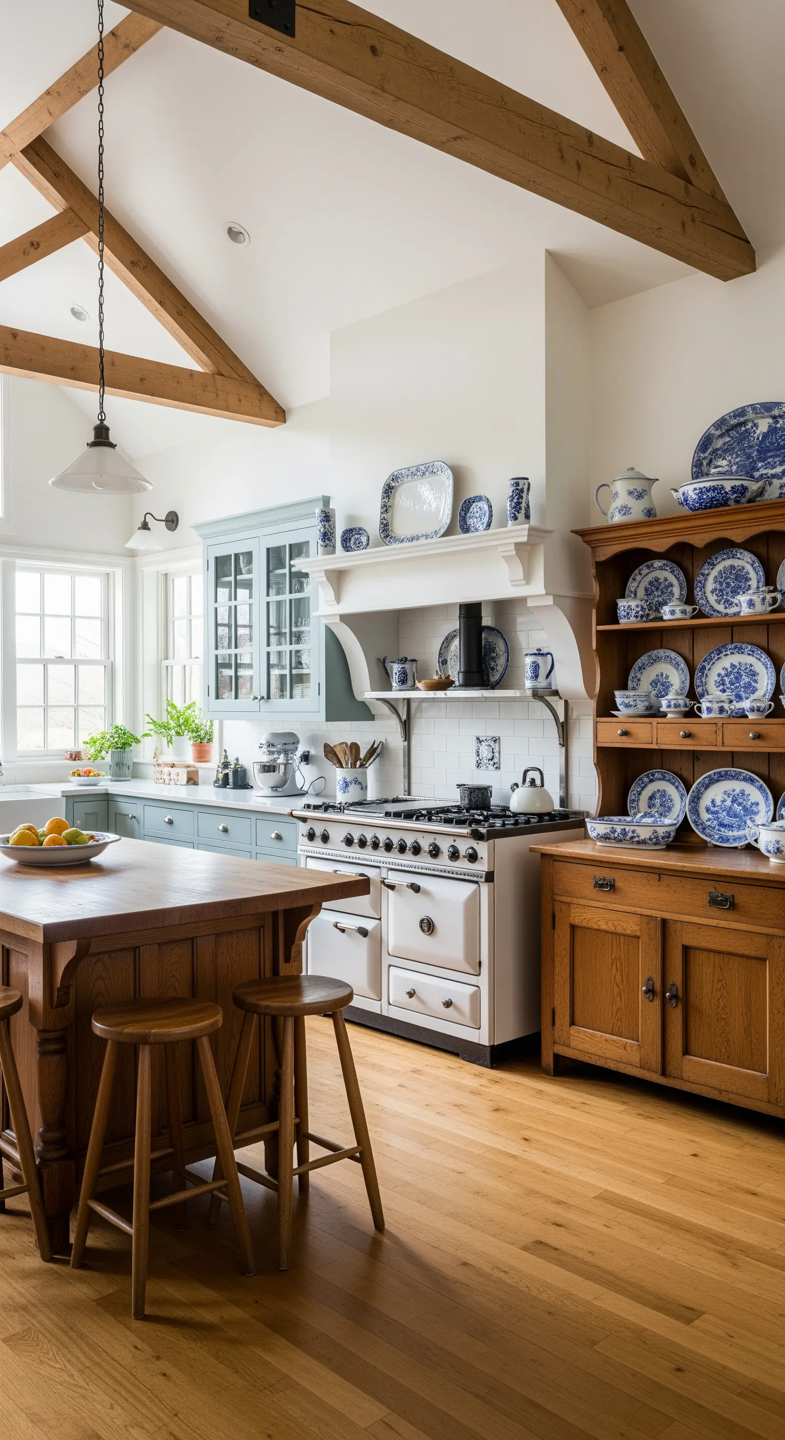 Cucina rustica con mobili azzurri, isola in legno e travi a vista.