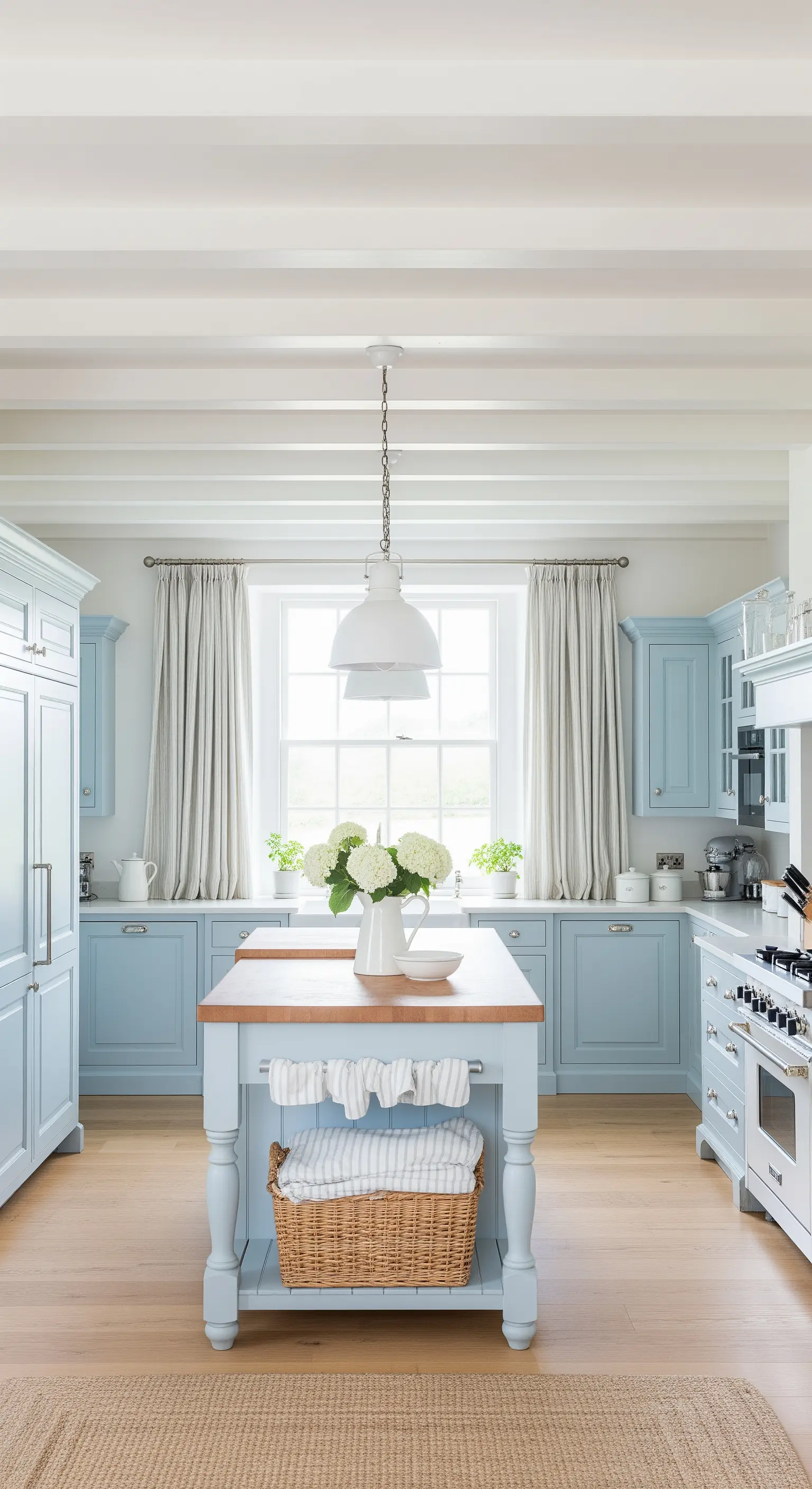 Cucina shabby blu polvere con isola centrale e pavimento in legno chiaro.