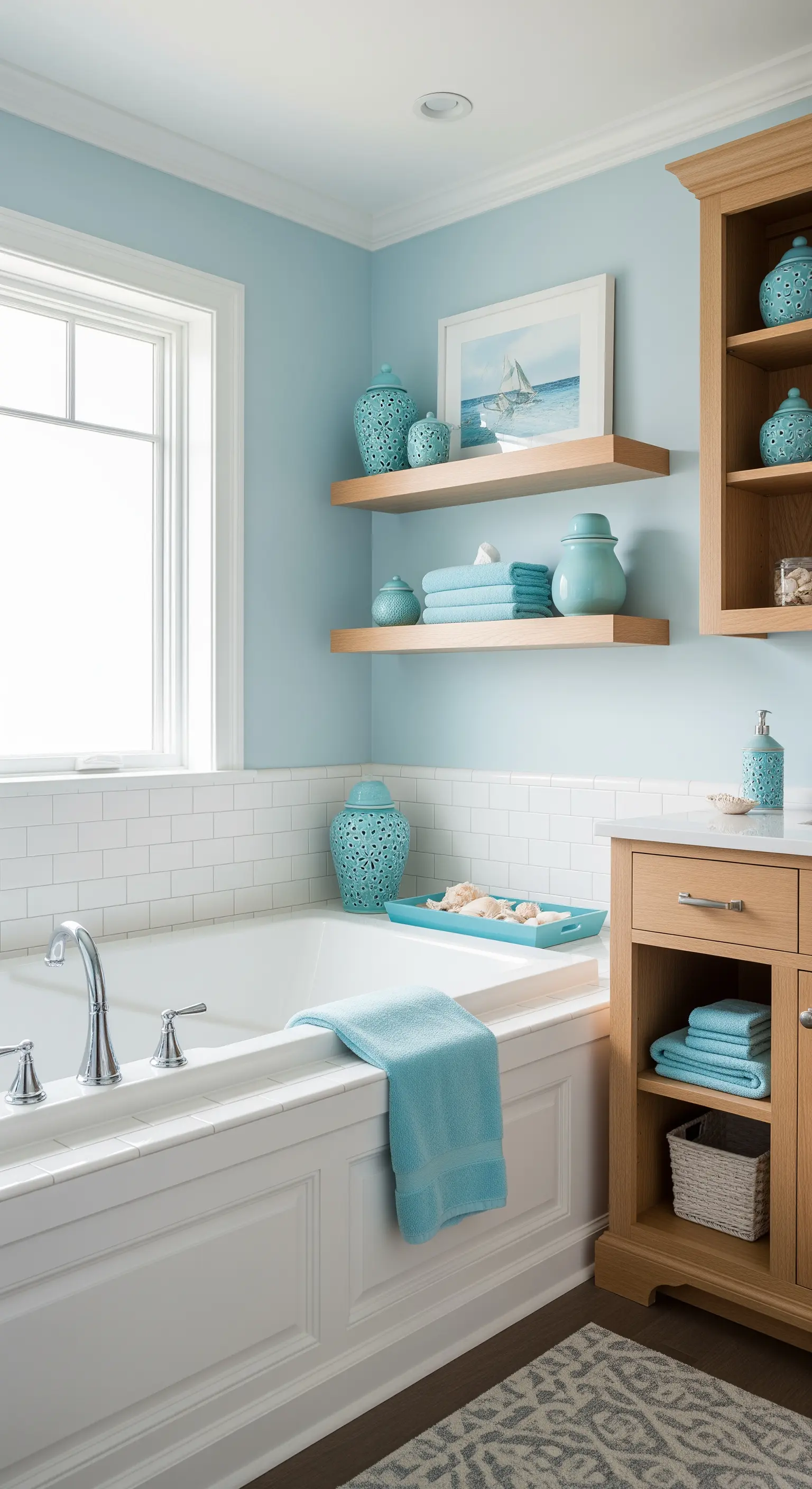 Bagno azzurro con mensole in legno e accessori in ceramica turchese.