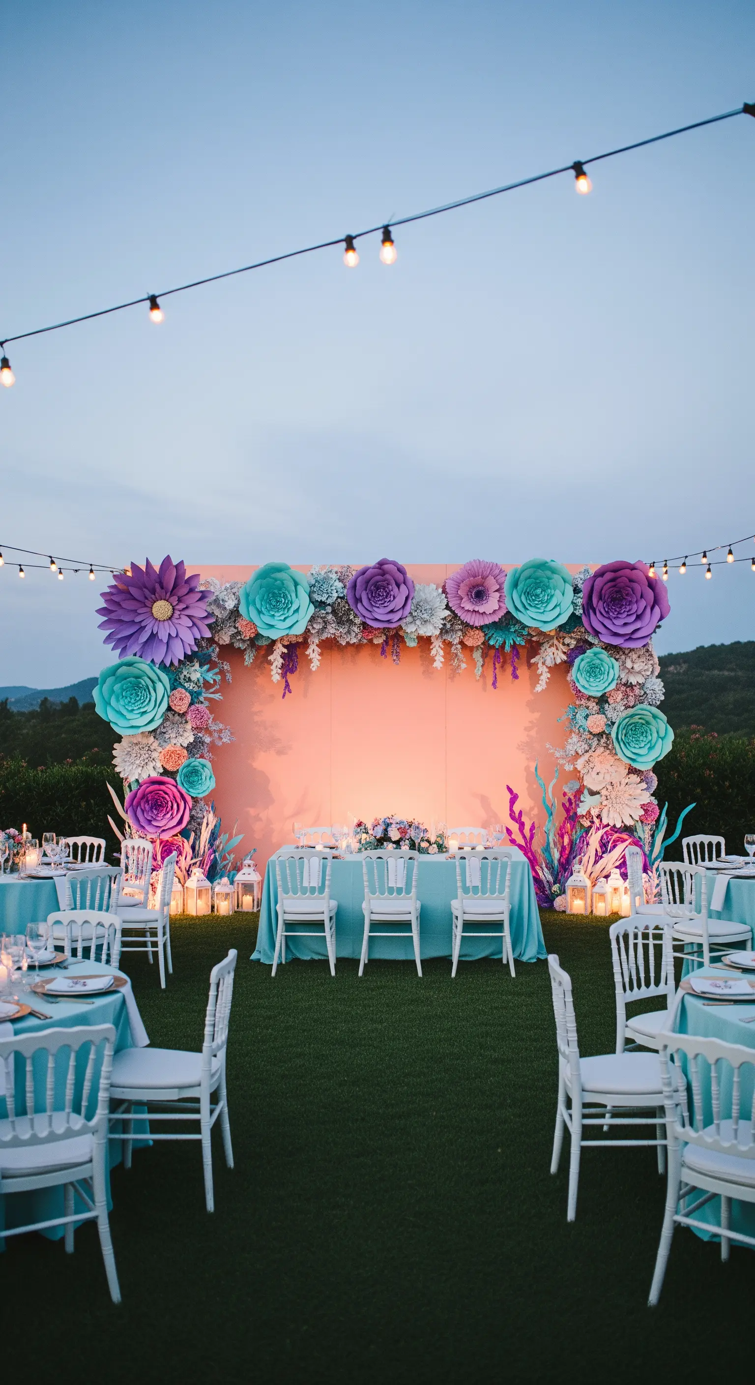Tavolo all'aperto con backdrop color pesca incorniciato da fiori di carta viola e turchesi.