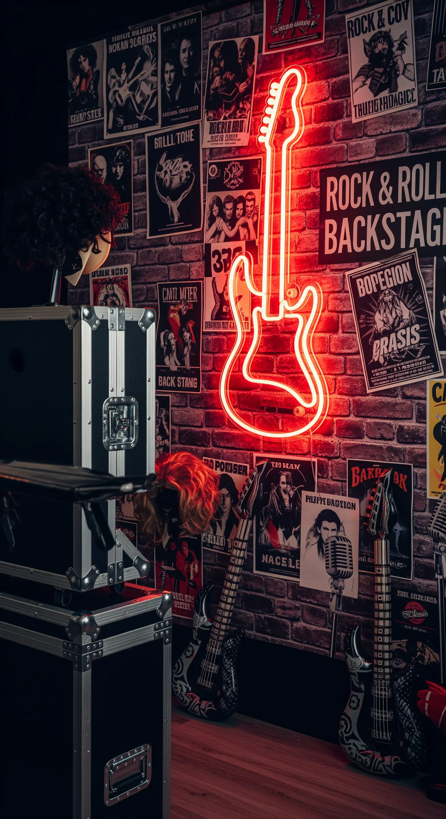 Photo booth a tema rock con muro di mattoni, poster di concerti e un'insegna al neon a forma di chitarra.