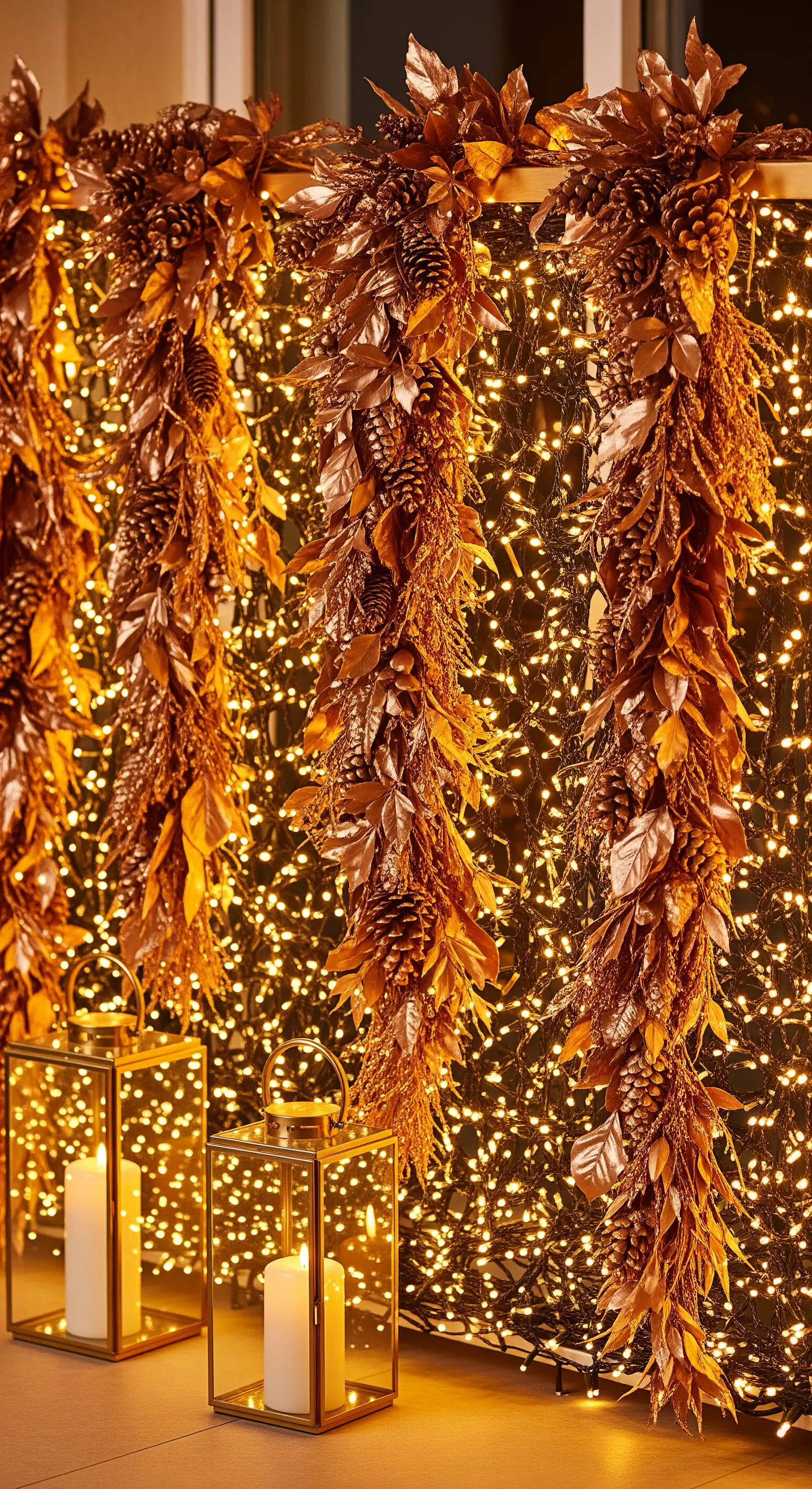 Decorazioni verticali color bronzo davanti a una parete interamente ricoperta di lucine calde