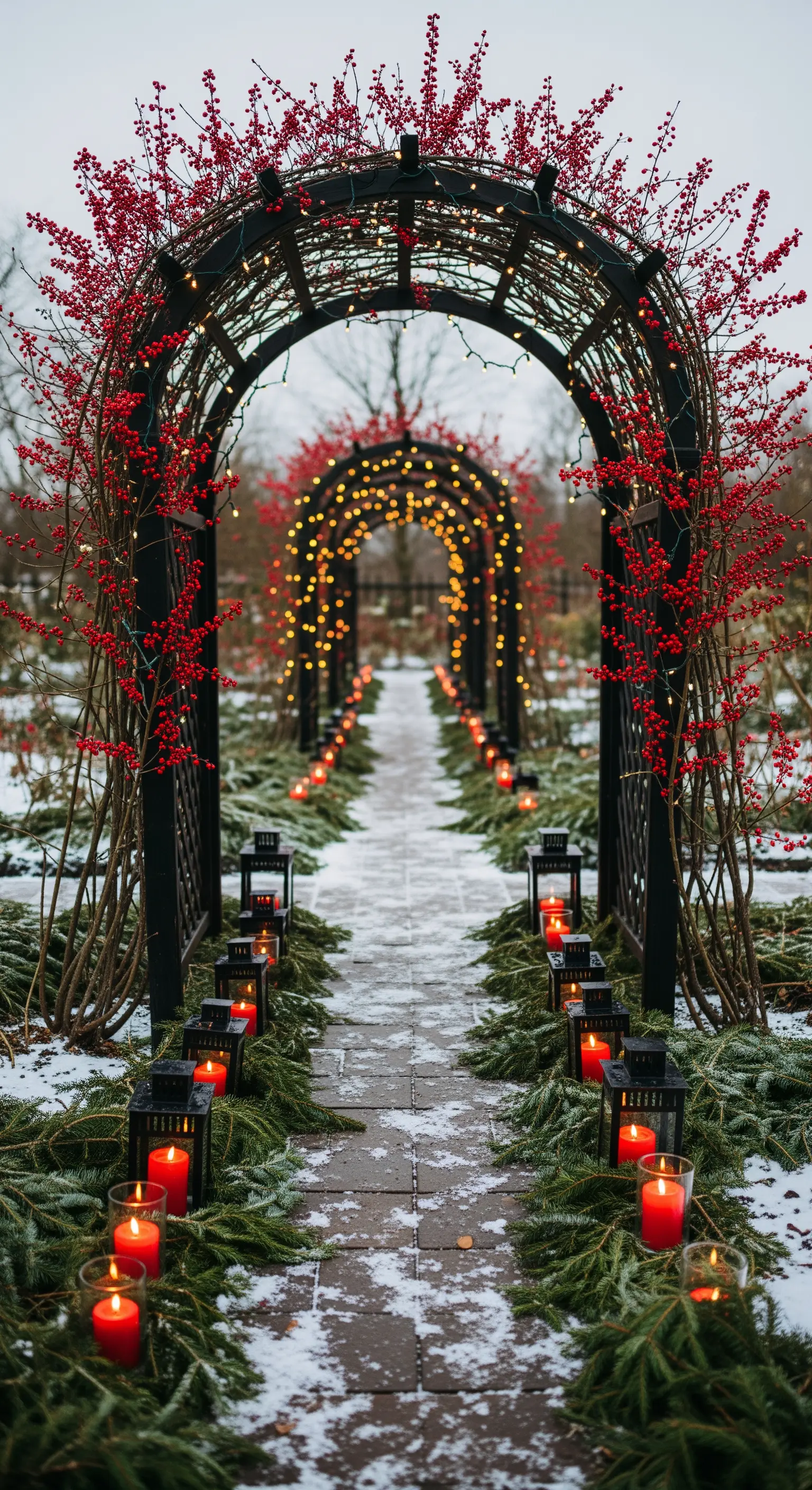Arco scuro in un giardino innevato, decorato con bacche rosse, luci e lanterne.