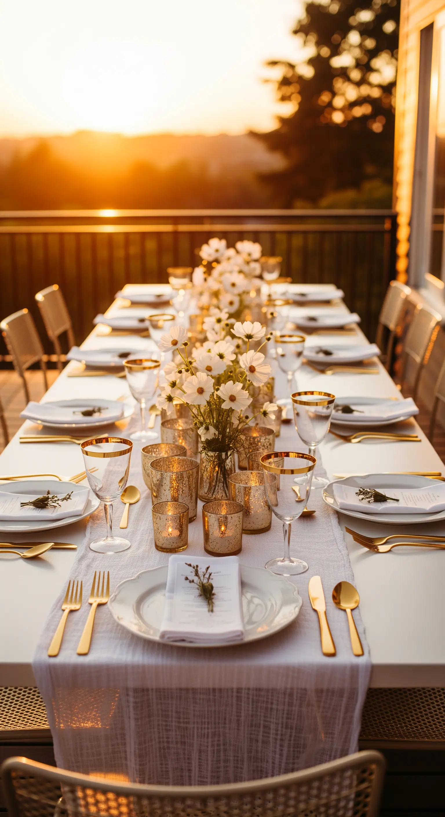 Tavola allestita all'aperto al tramonto con portacandele e dettagli dorati che brillano.