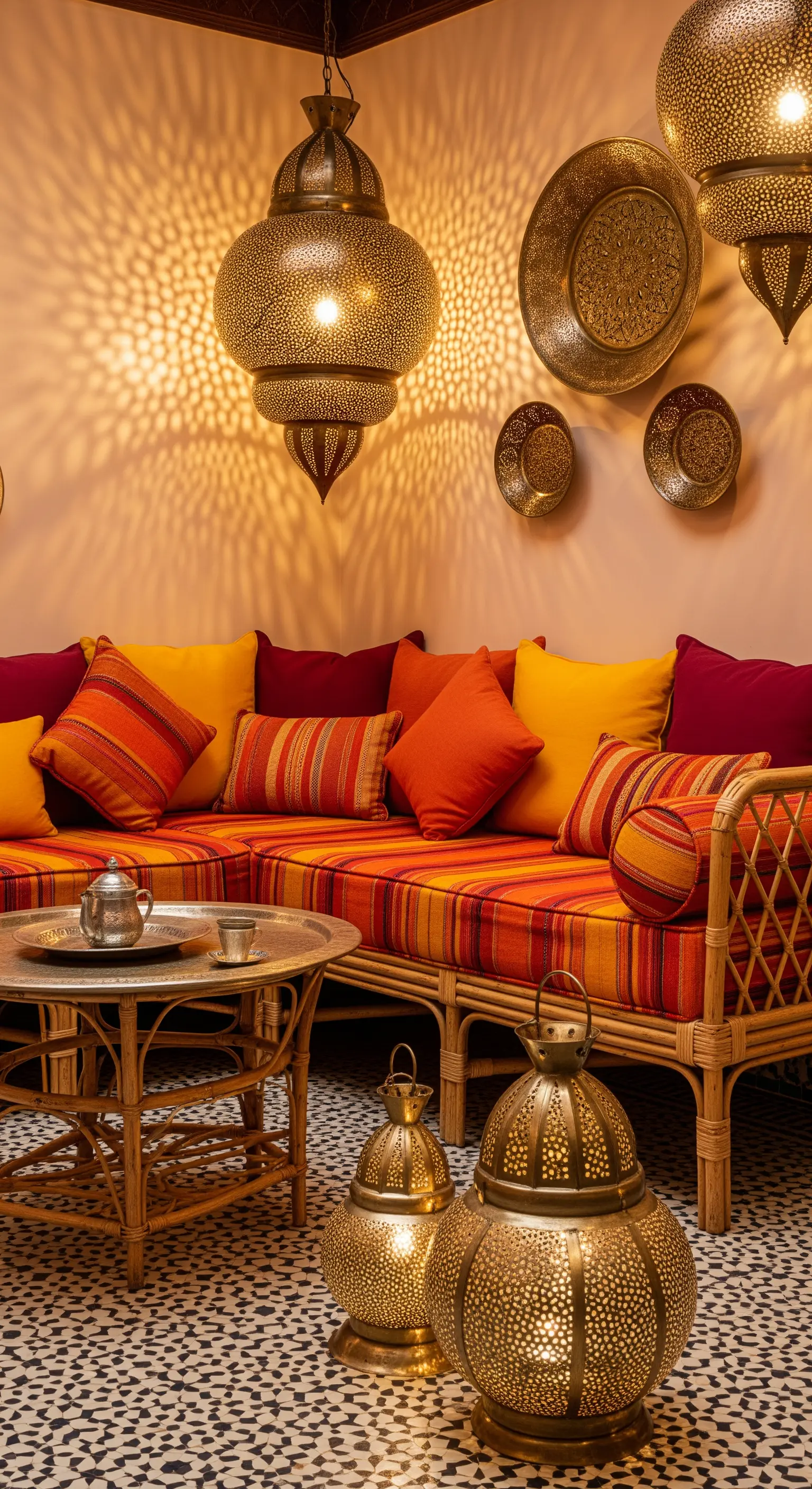 Salotto in stile marocchino con tessuti a righe calde e lanterne in ottone appese e a terra.