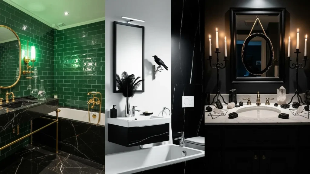Bagni gotici per Halloween con candele nere, specchi antichi e decorazioni a tema, perfetti per un'atmosfera spettrale.