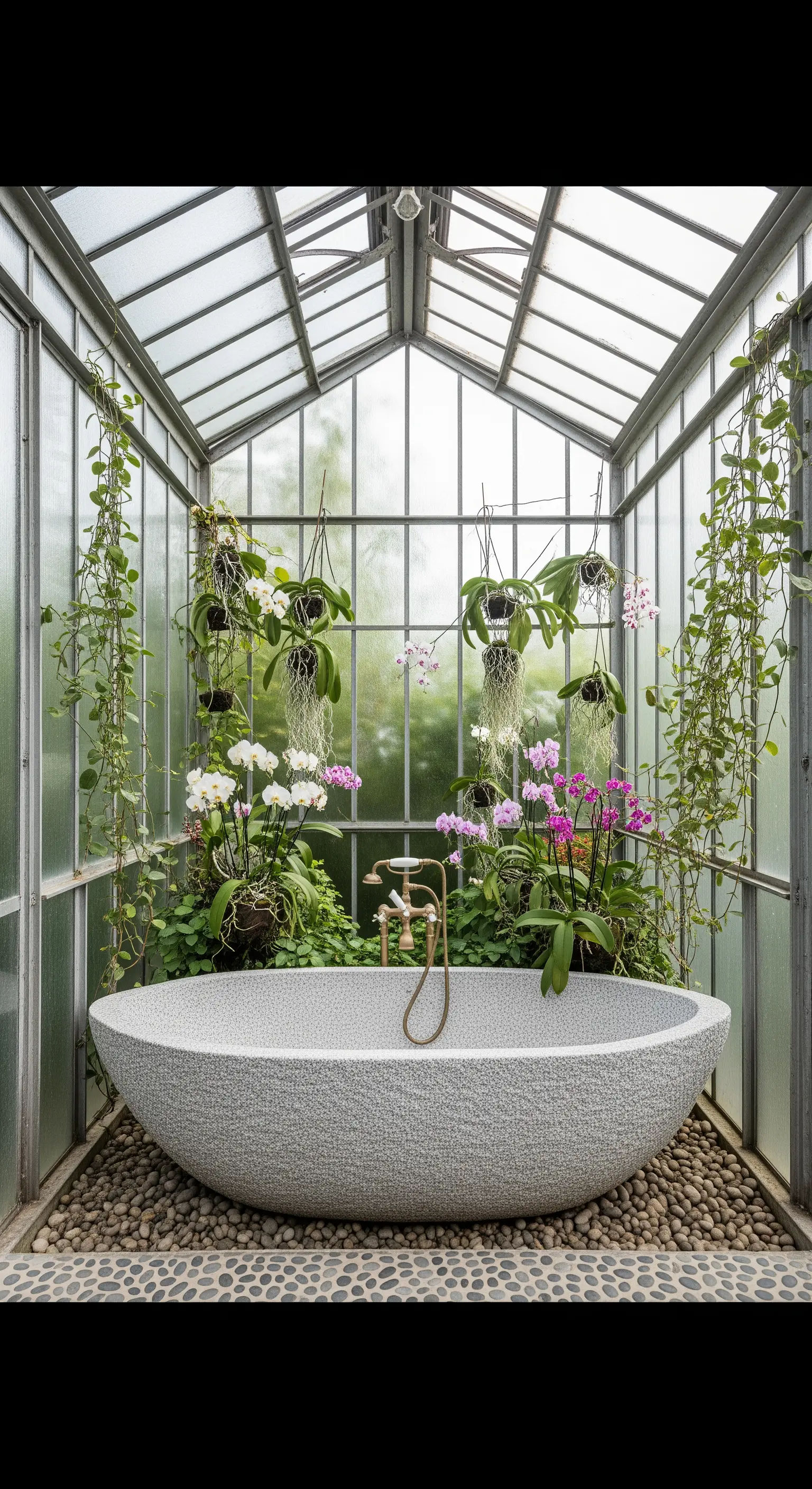 Vasca in granito all'interno di una serra di vetro piena di orchidee e piante pensili.