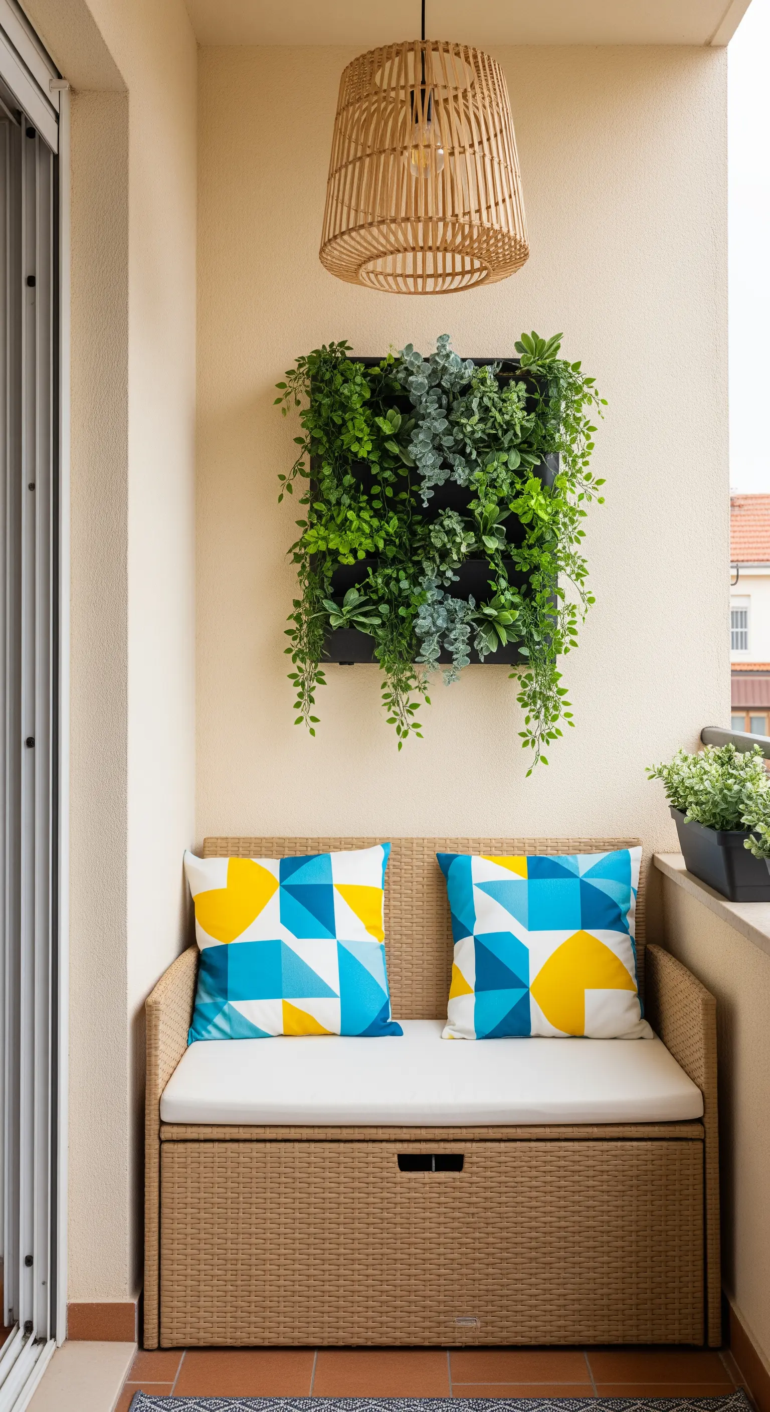 Piccolo balcone con panca contenitore, giardino verticale a parete e lampada in bambù.