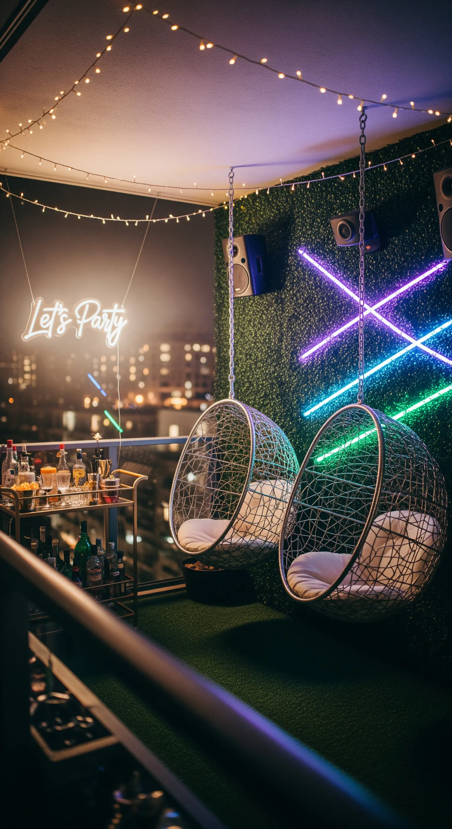 Balcone per feste con due sedie sospese, luci al neon e un carrello bar.
