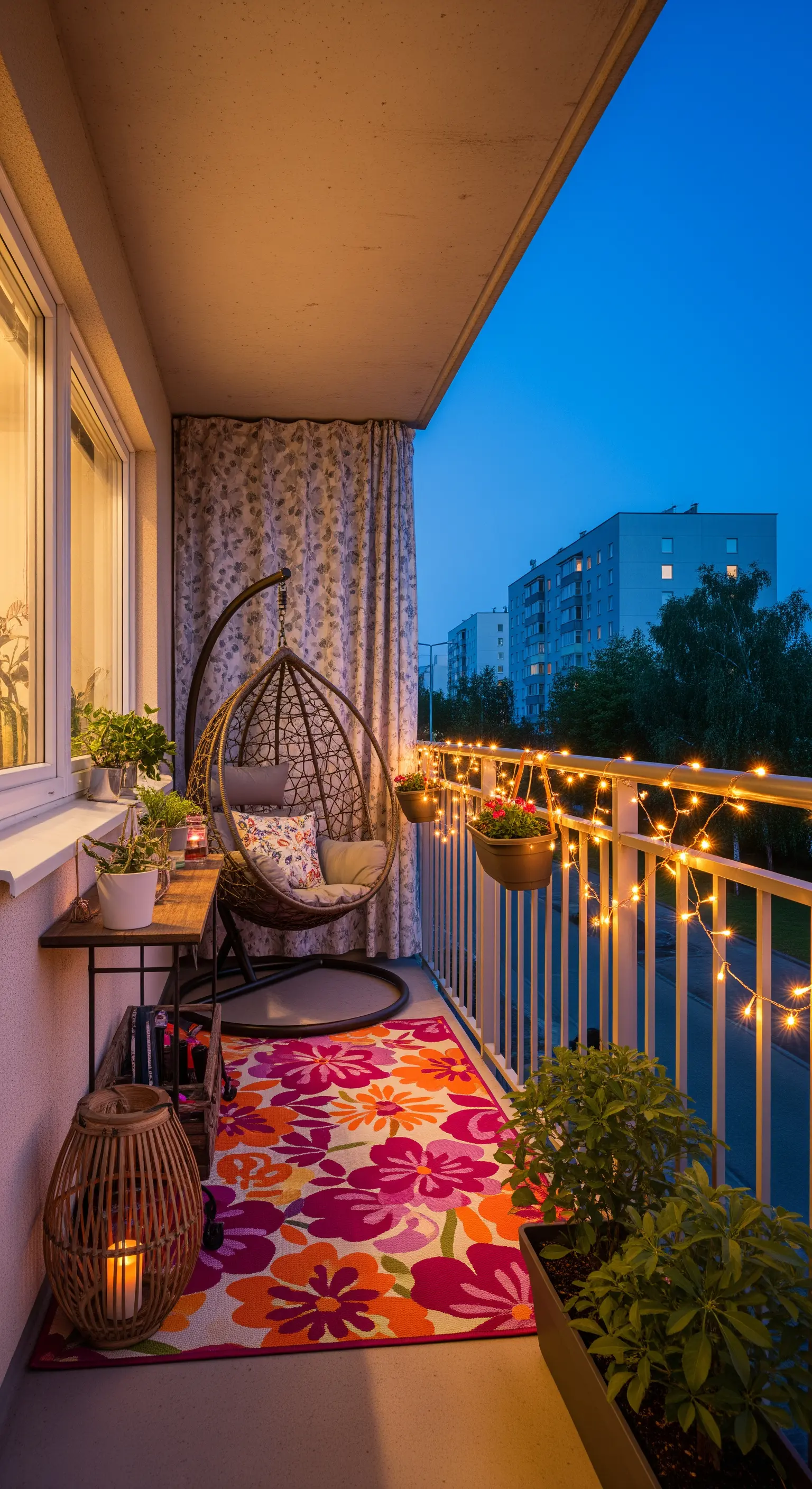 Balcone con poltrona sospesa, tappeto floreale colorato e luci a stringa sulla ringhiera.