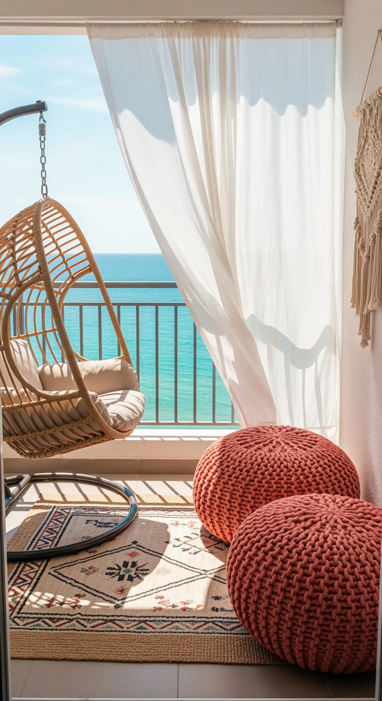 Balcone con sedia sospesa in rattan, pouf in maglia e tenda bianca vista mare.
