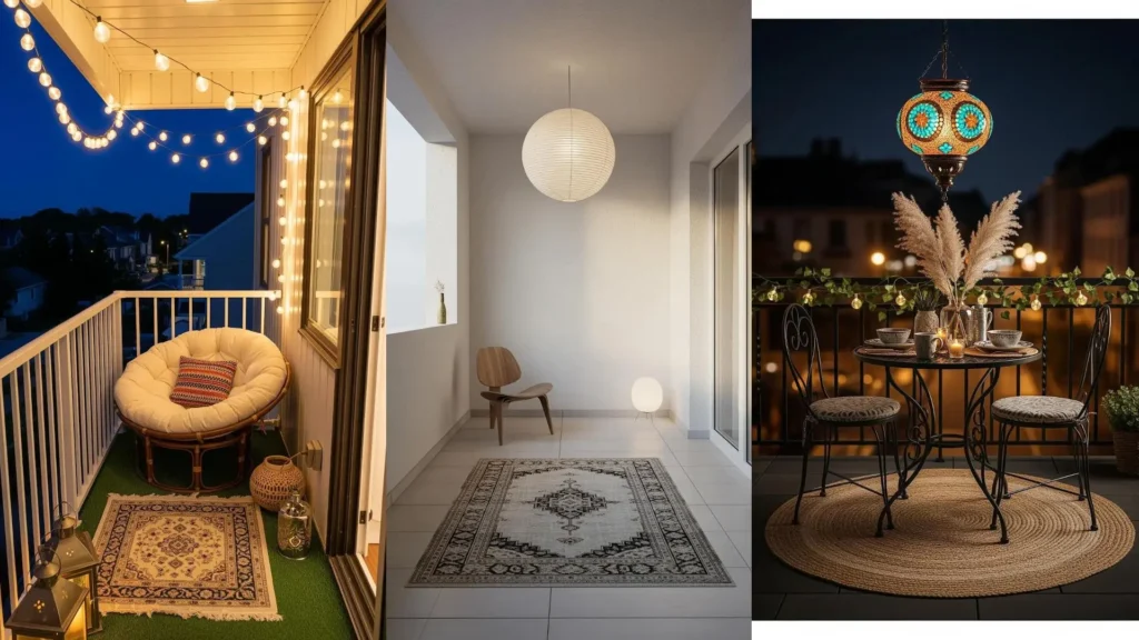 Balconi bohemien illuminati da lanterne sospese e tappeti etnici, creando angoli suggestivi per notti d'atmosfera.