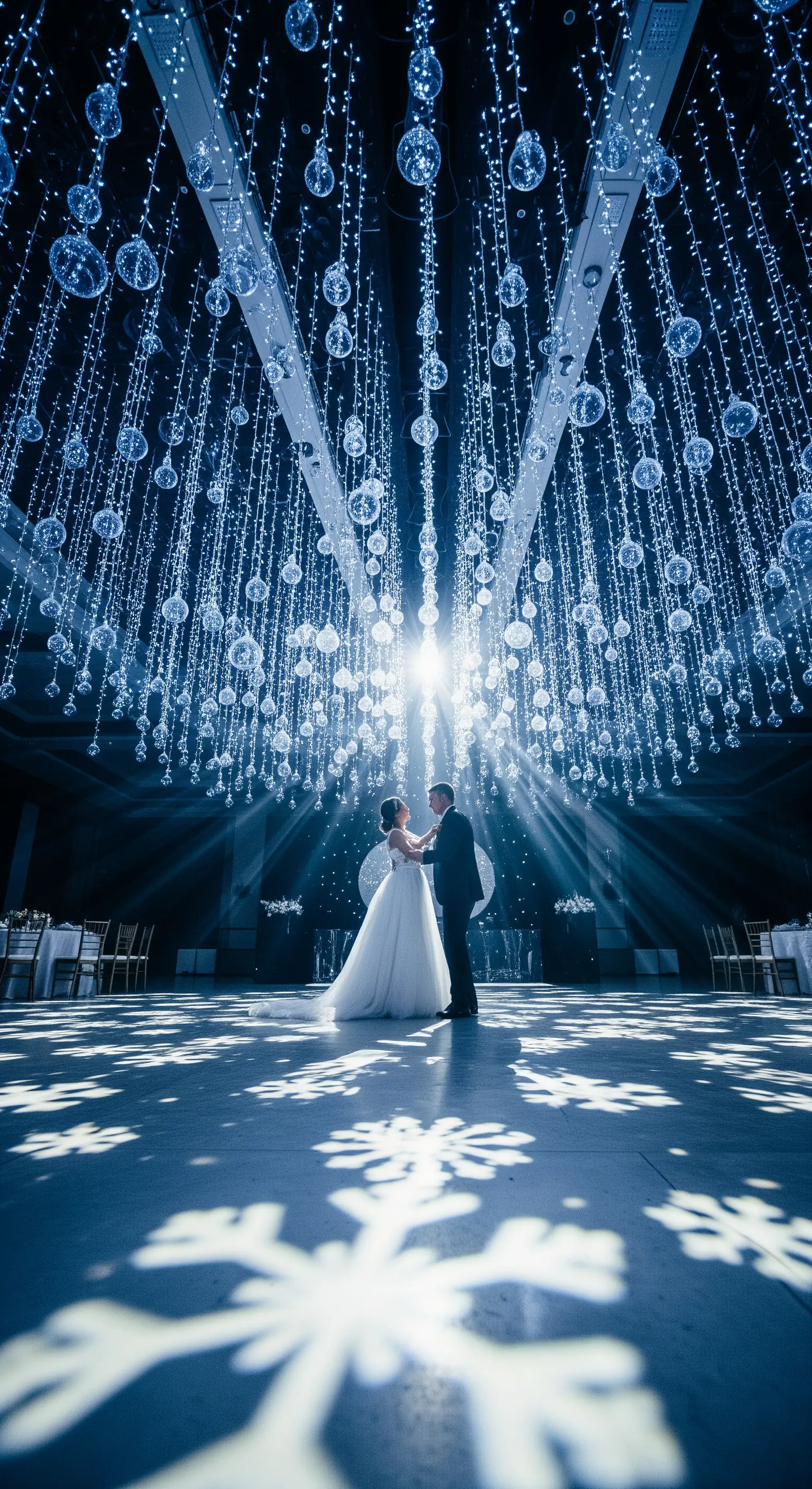 Pista da ballo con luci pendenti e proiezioni di fiocchi di neve.