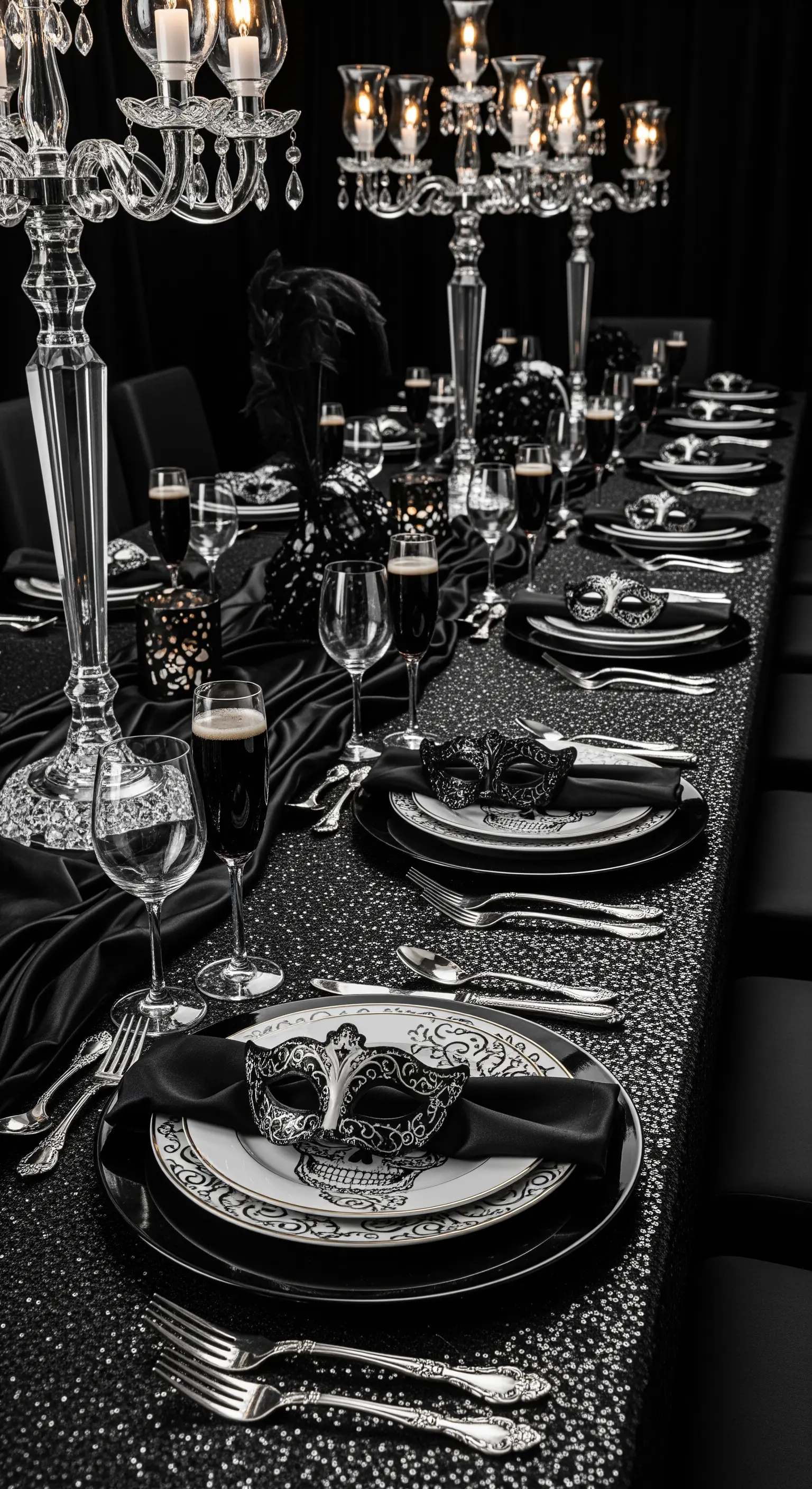 Tavola di Halloween a tema ballo in maschera con paillettes e maschere veneziane.