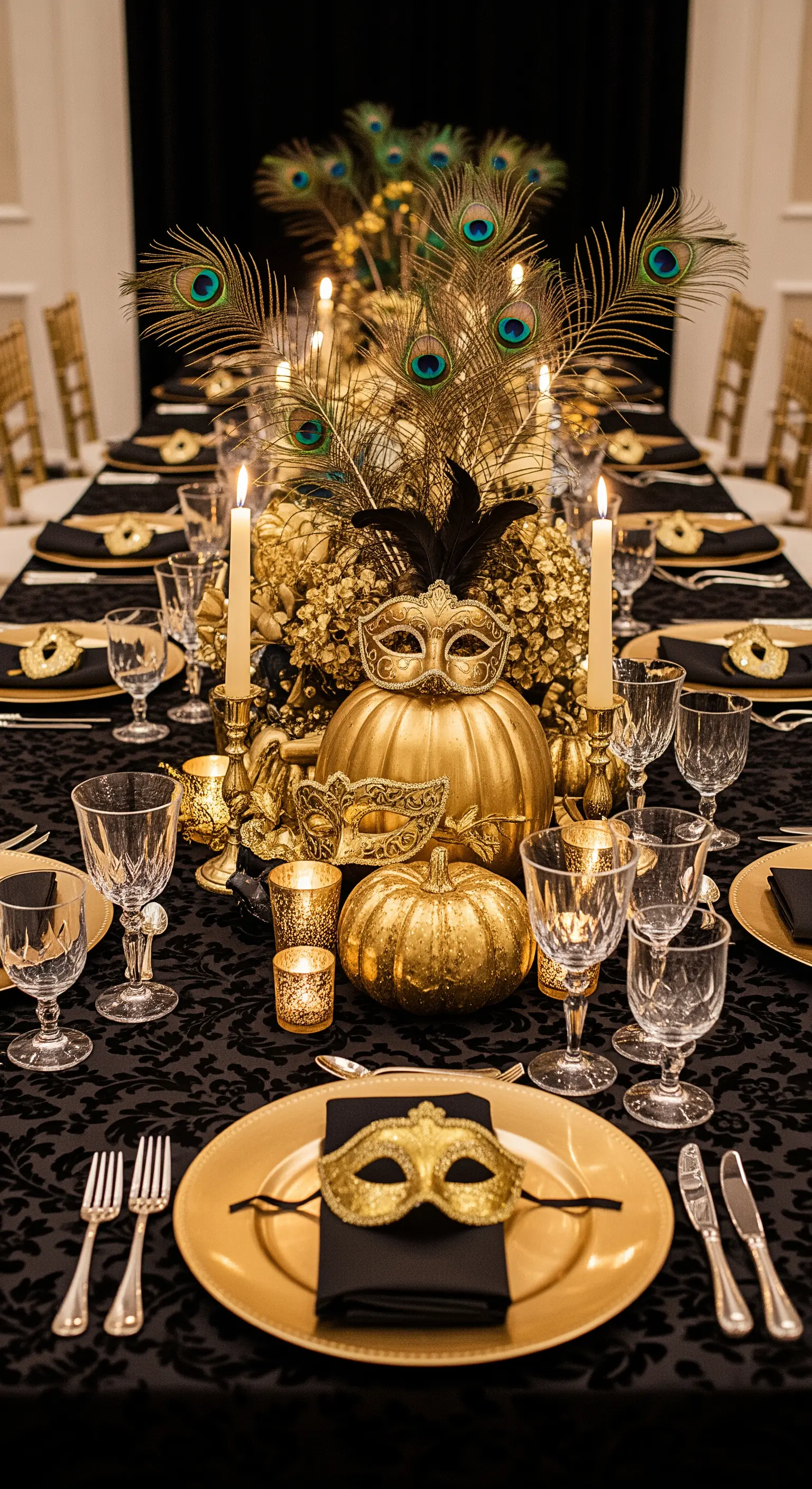 Tavola a tema ballo in maschera con zucche oro e maschere veneziane.